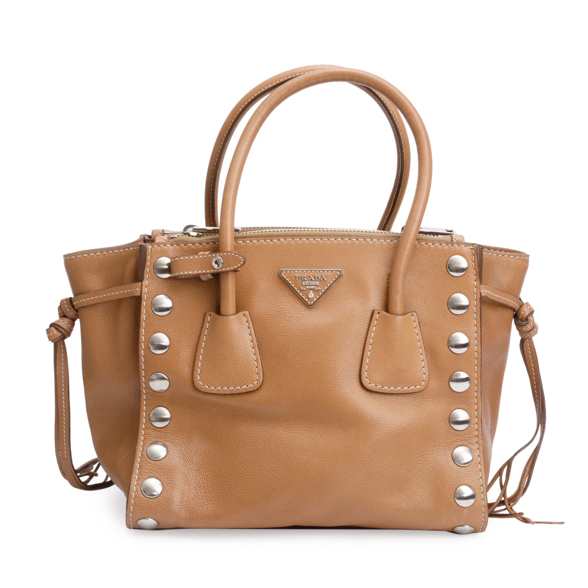 Prada Caramel Glace Calf Studded Twin Pocket Tote w/ Strap