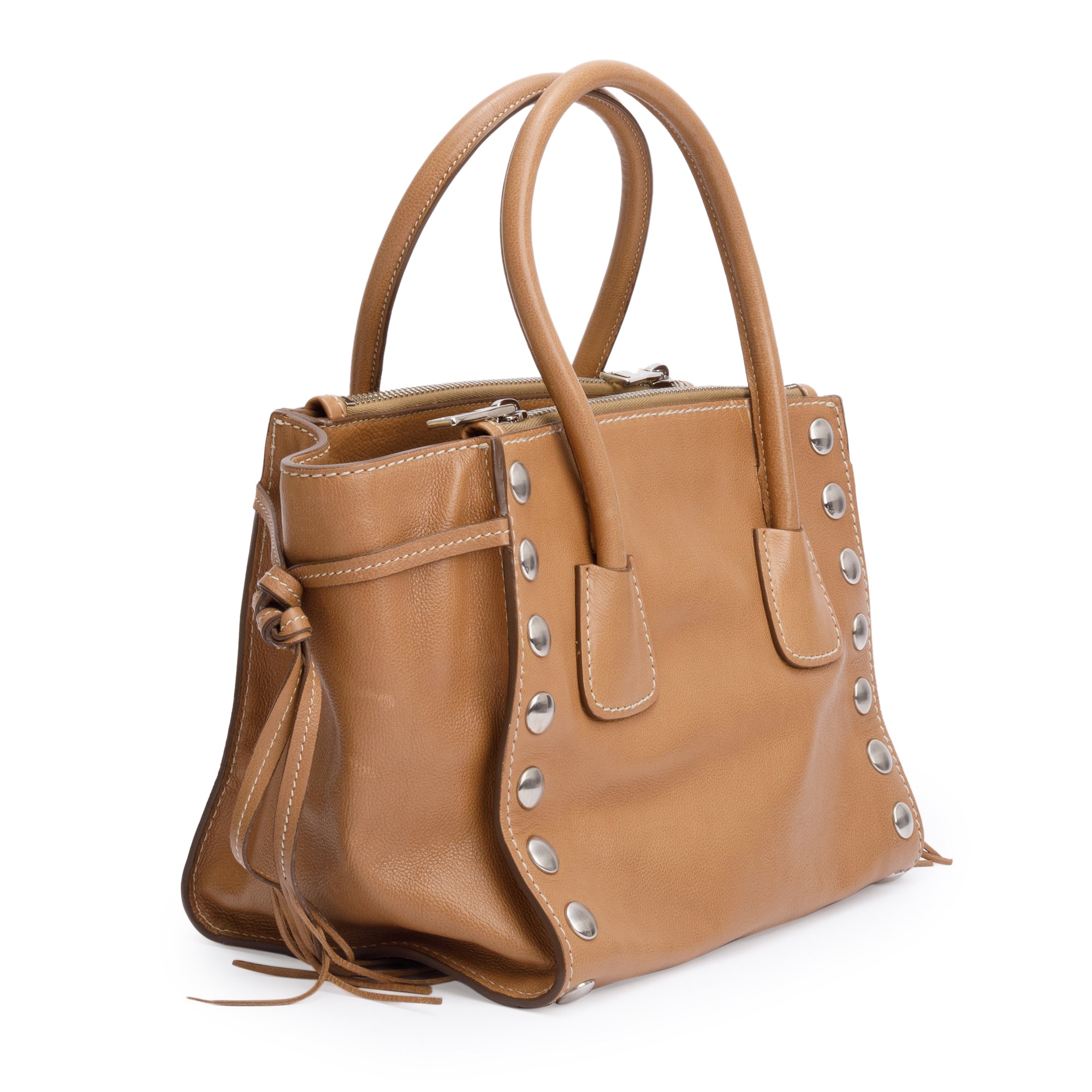 Prada Caramel Glace Calf Studded Twin Pocket Tote w/ Strap