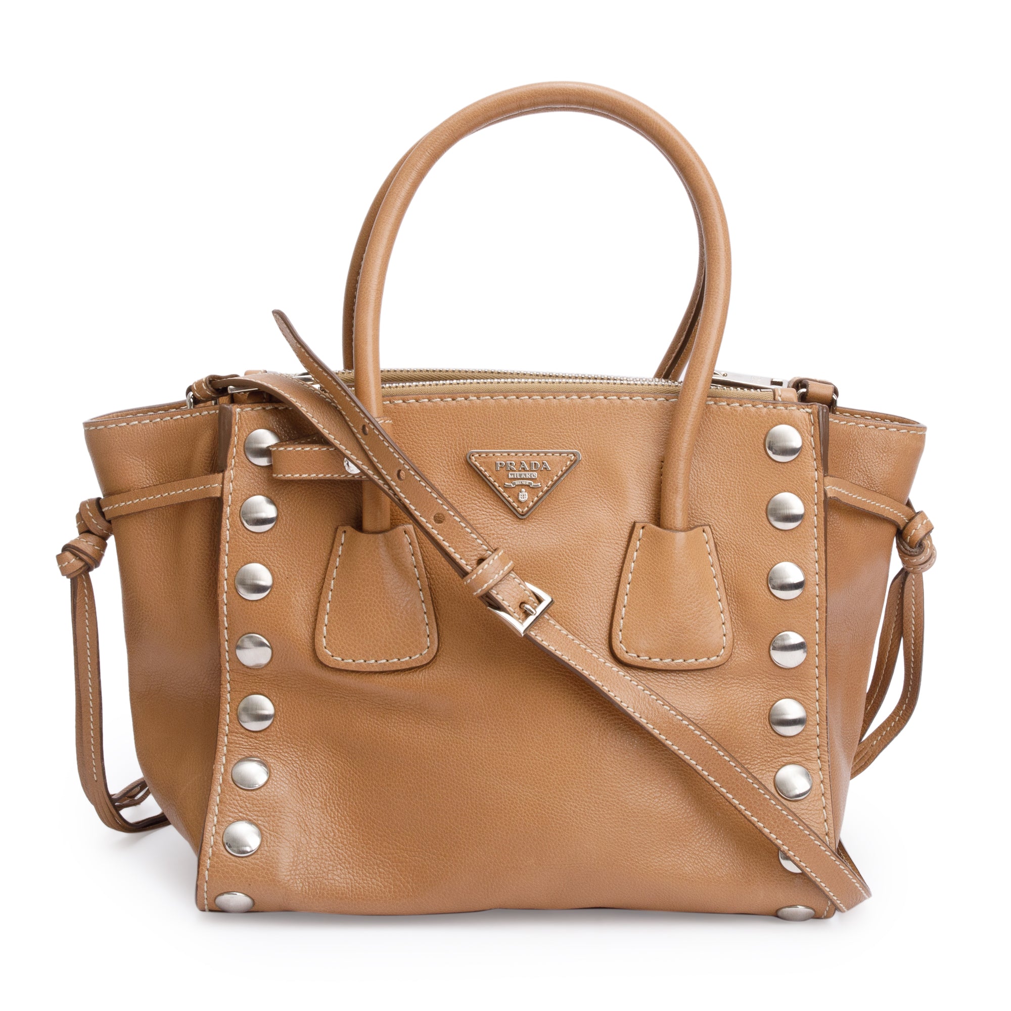 Prada Caramel Glace Calf Studded Twin Pocket Tote w/ Strap