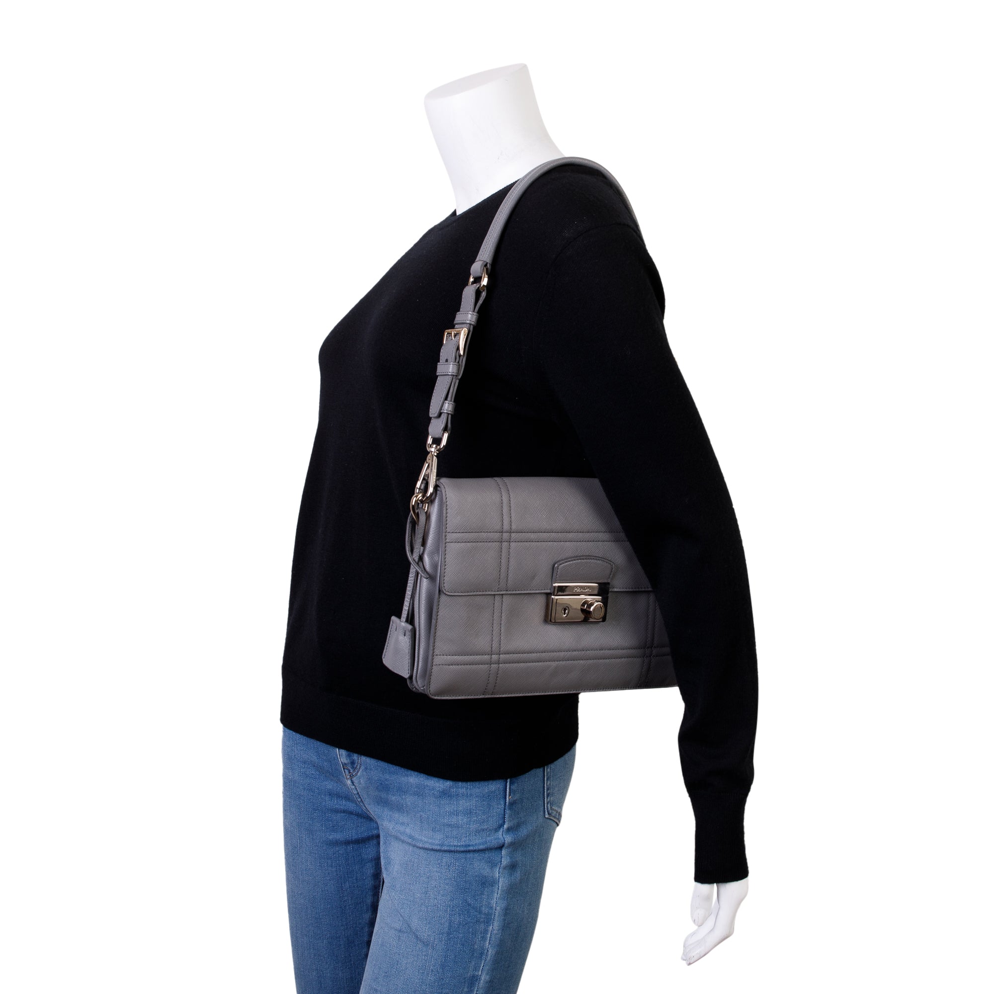 Prada Gray Saffiano Leather Soft Shoulder Bag