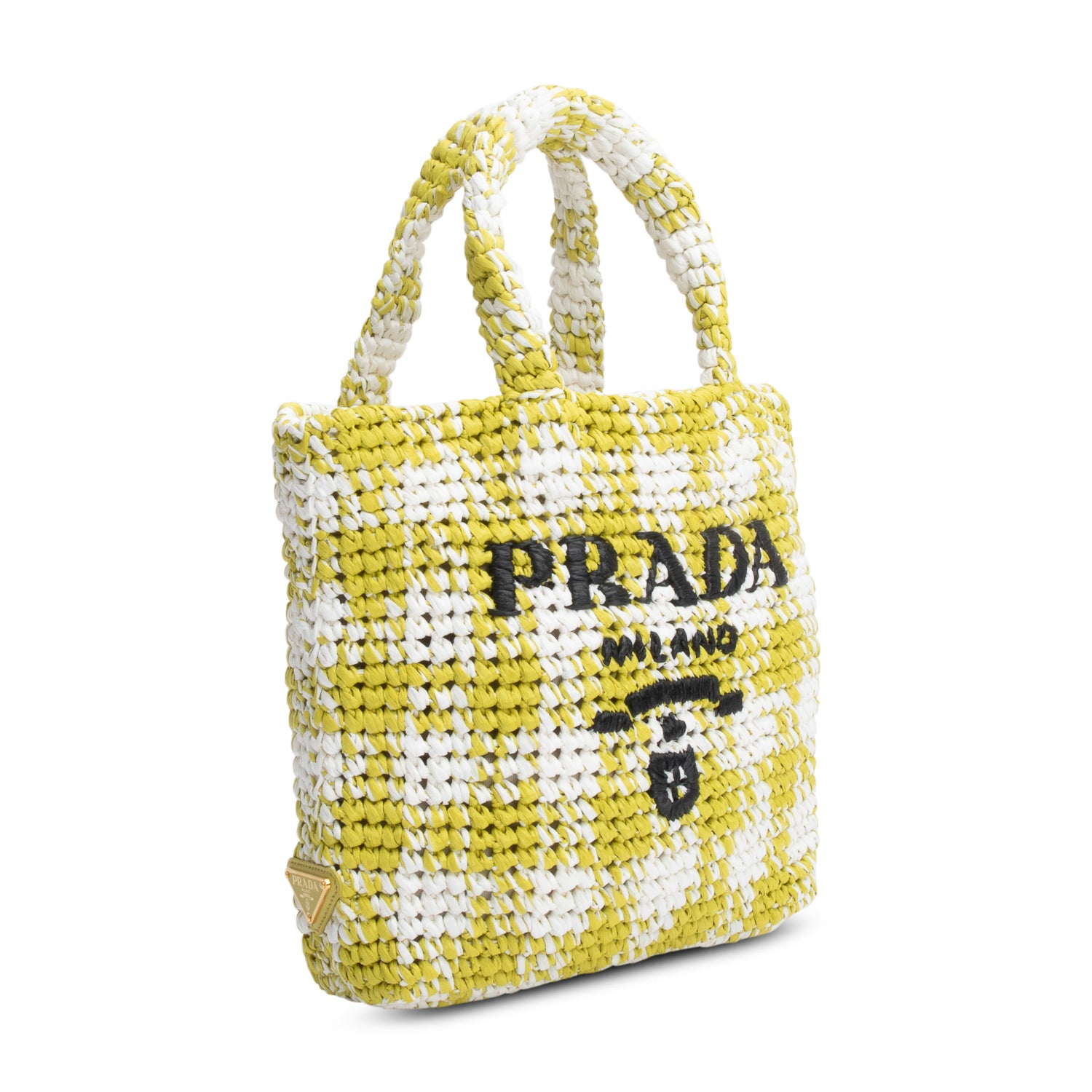 Prada Green/White Crochet Raffia Small Logo Tote