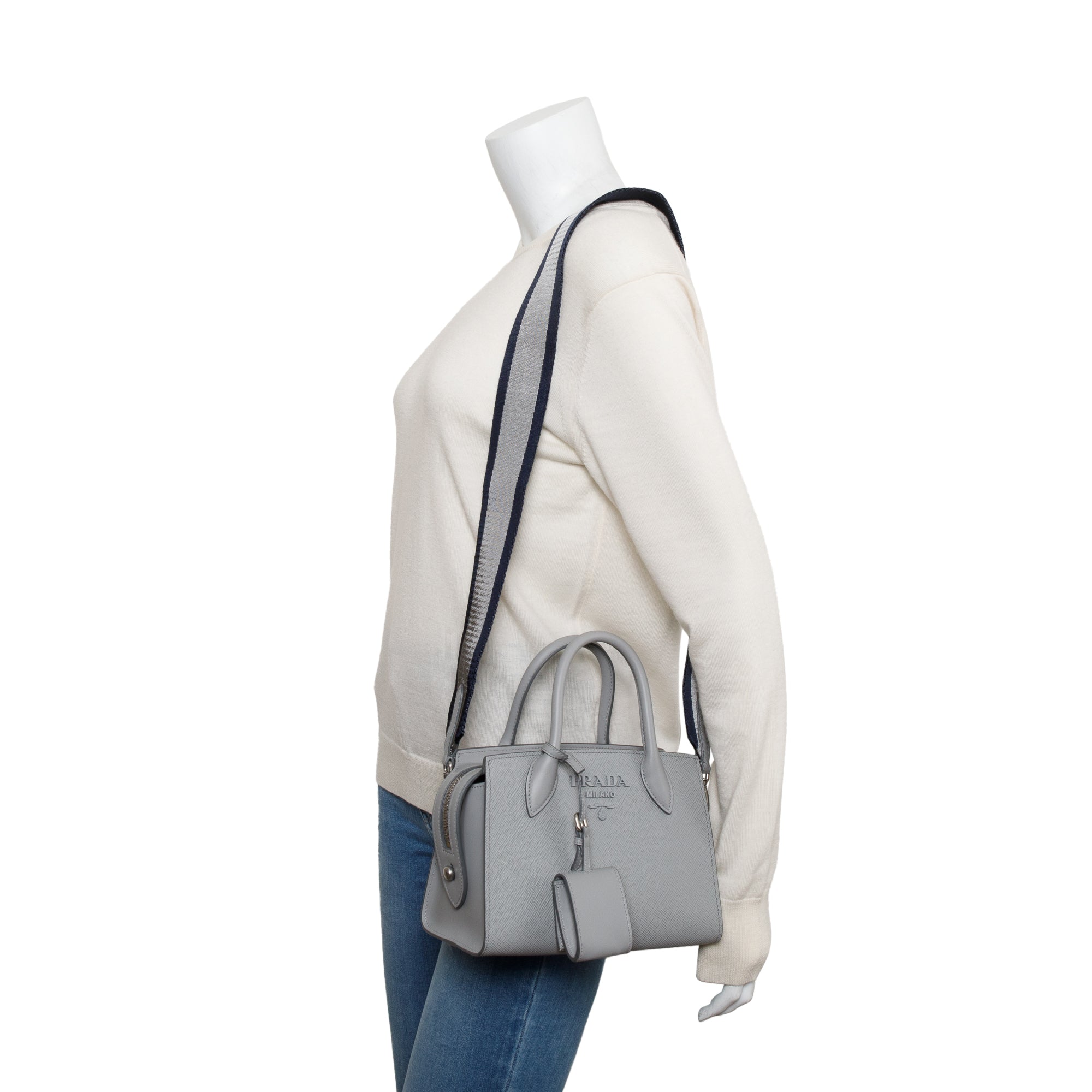Prada Grey Saffiano Cuir Mini Monochrome Top Handle Tote w/ Strap