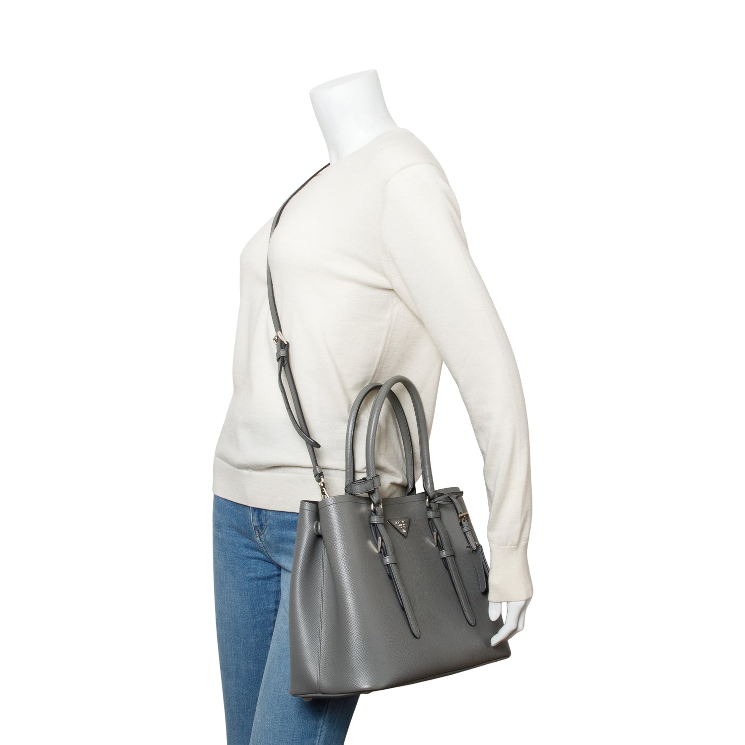 Prada Grey Saffiano Lux Medium Cuir Double Tote w/ Strap
