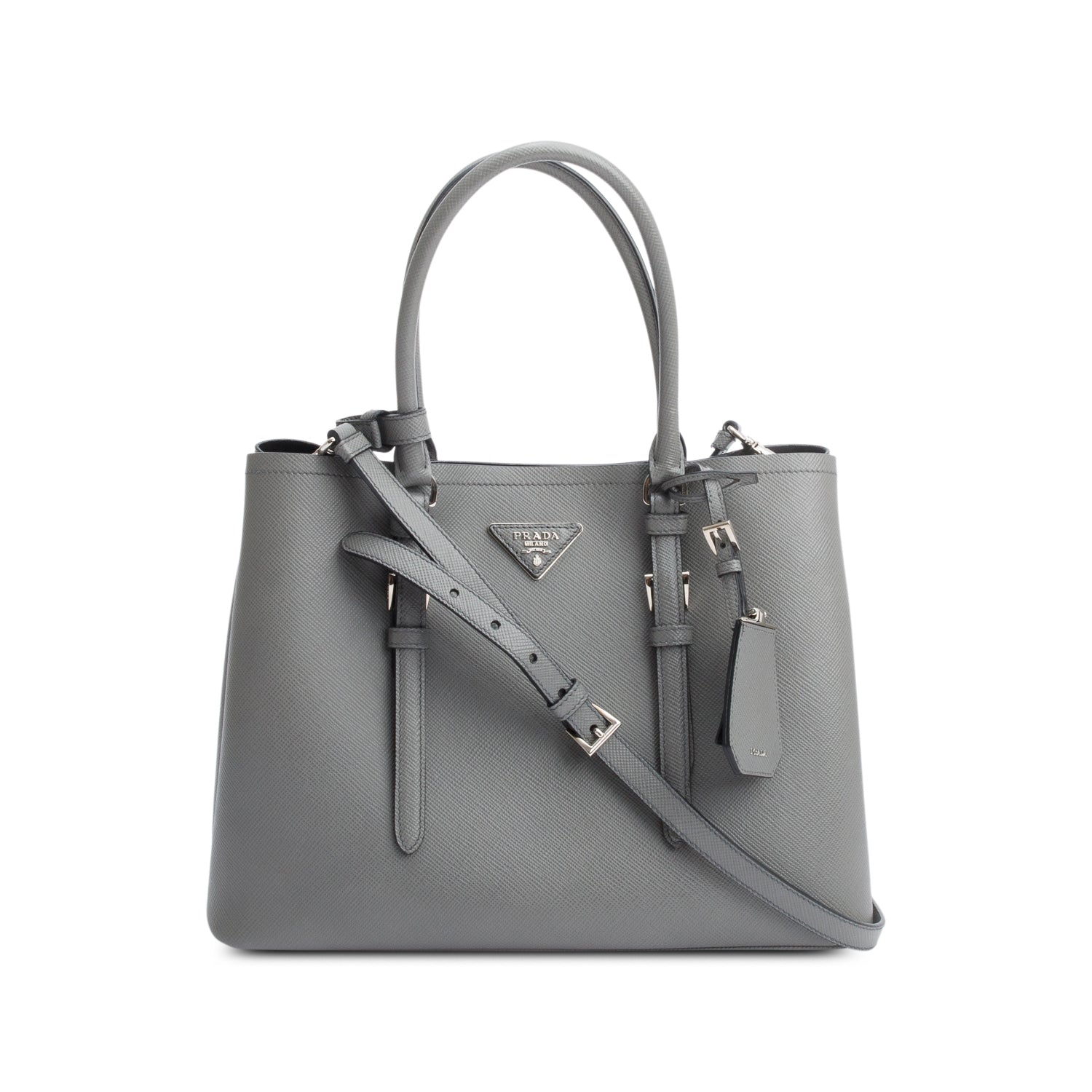 Prada Grey Saffiano Lux Medium Cuir Double Tote w/ Strap
