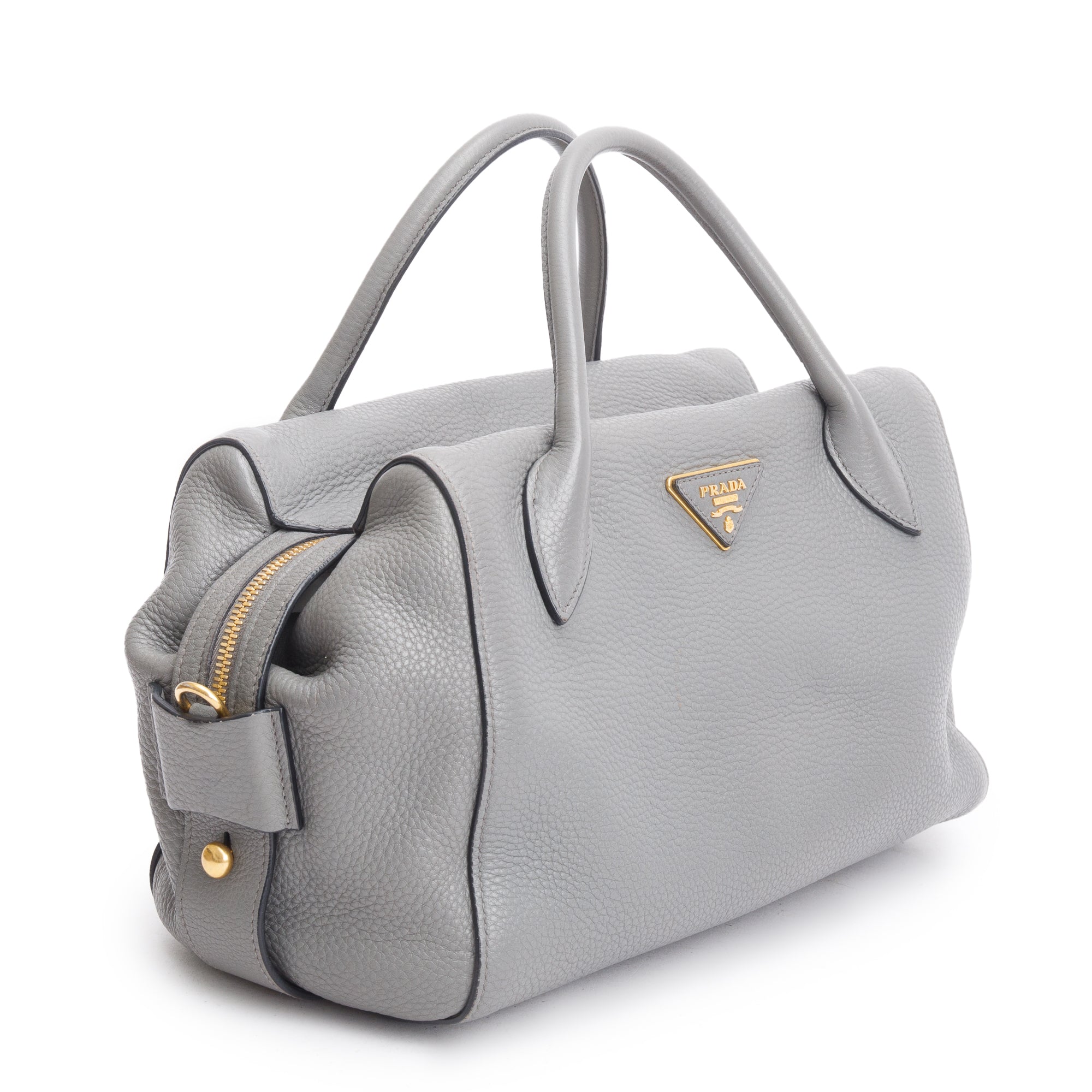 Prada Grey Vitello Daino Leather Baulleto Tote w/ Strap