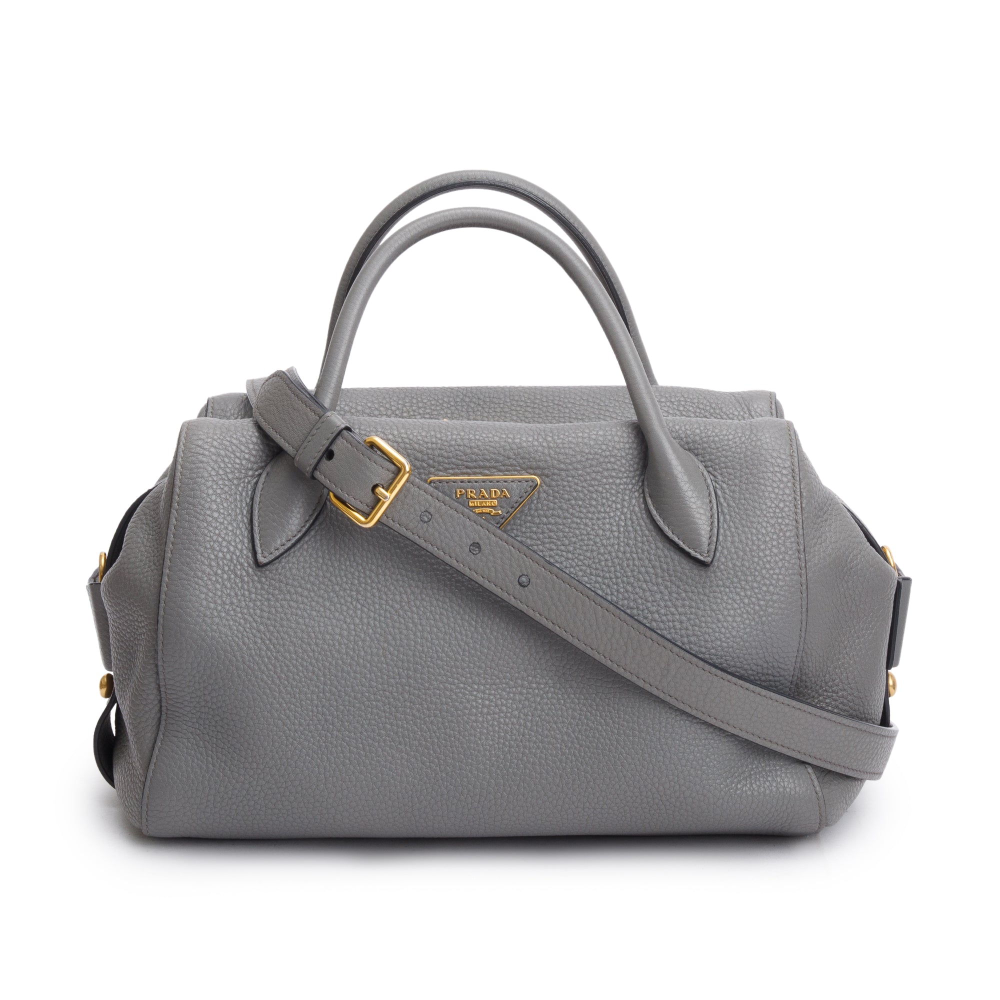 Prada Grey Vitello Daino Leather Baulleto Tote w/ Strap