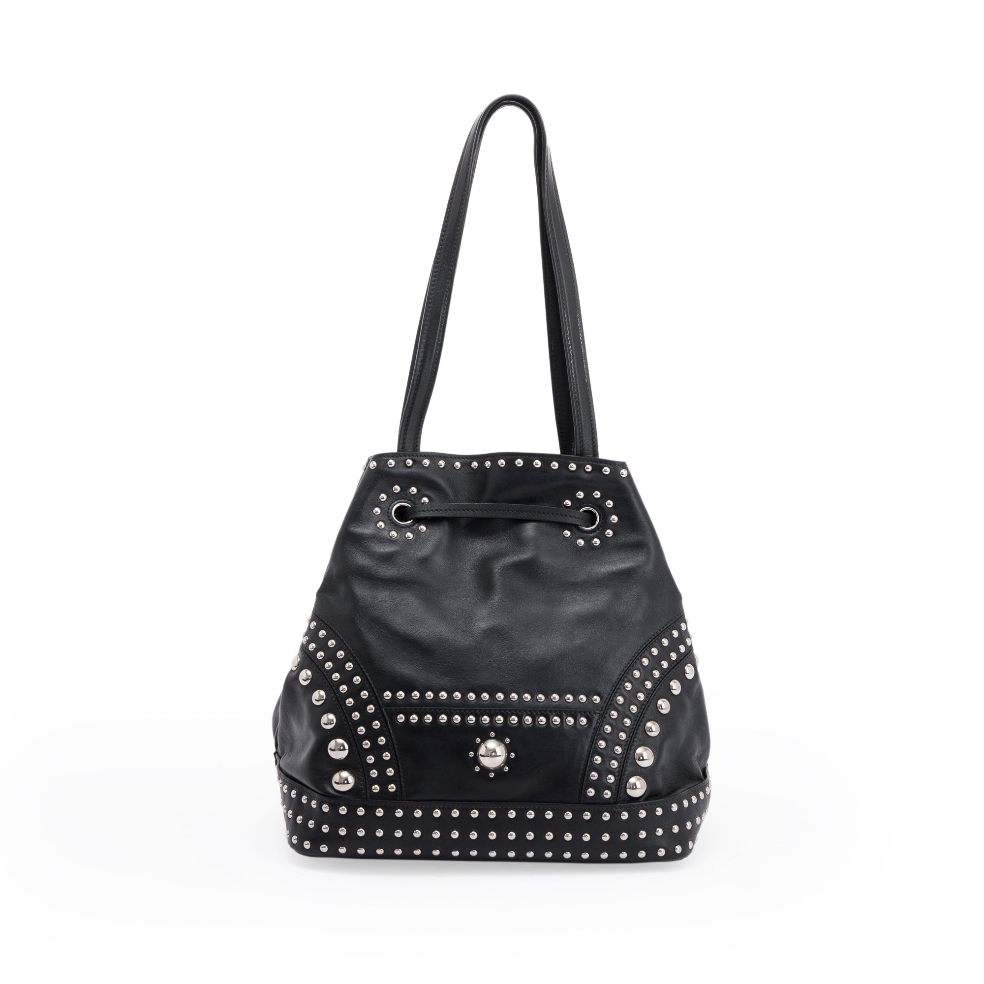 Prada Grommet Embellished City Calf Bucket Bag