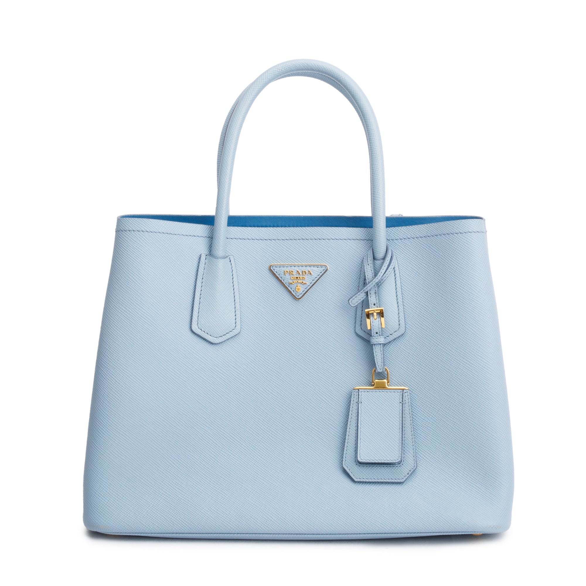 Prada Light Blue Saffiano Lux Medium Cuir Double Tote w/ Strap & Authenticity Card