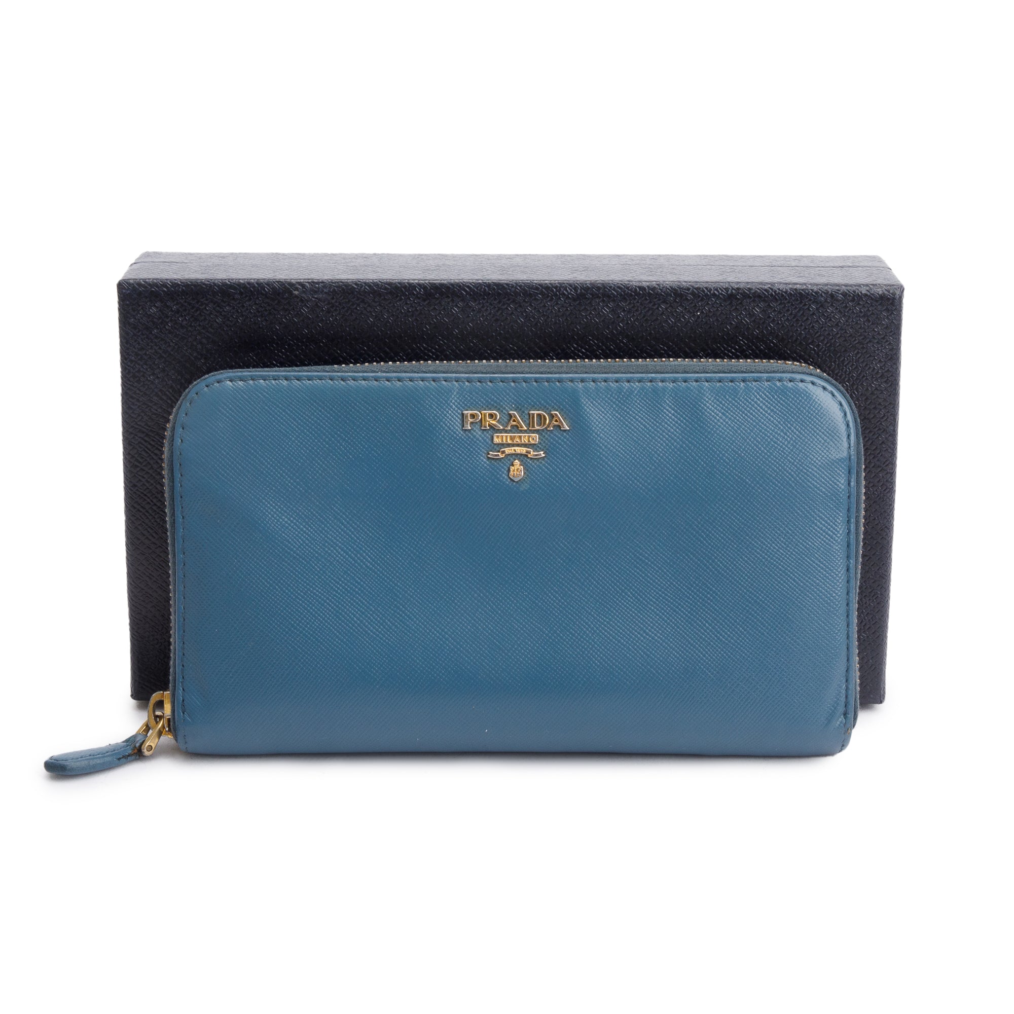 Prada Marine Saffiano Metal Leather Zip Around Wallet w/ Box & Card