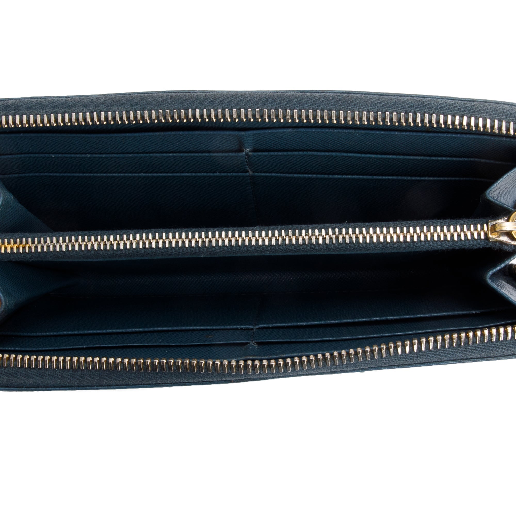 Prada Marine Saffiano Metal Leather Zip Around Wallet w/ Box & Card