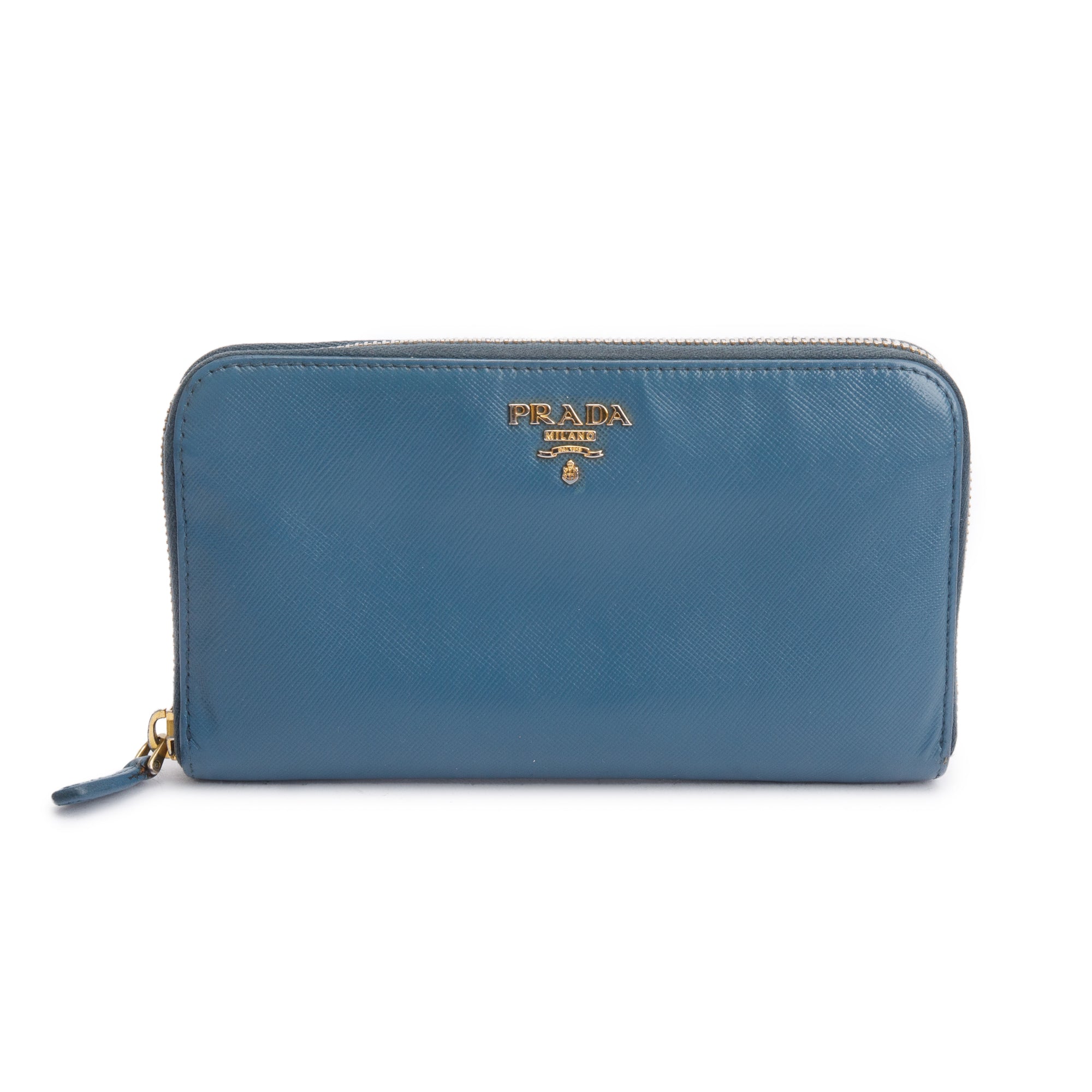 Prada Marine Saffiano Metal Leather Zip Around Wallet w/ Box & Card