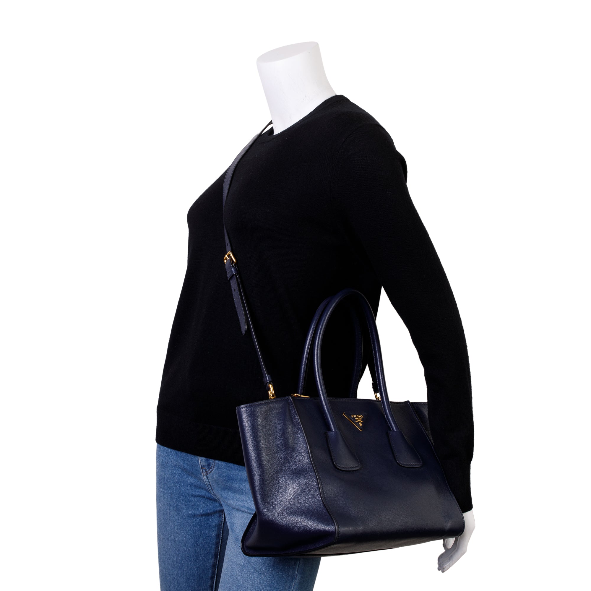 Prada Navy City Calf Small Twin Pocket Tote w/ Strap