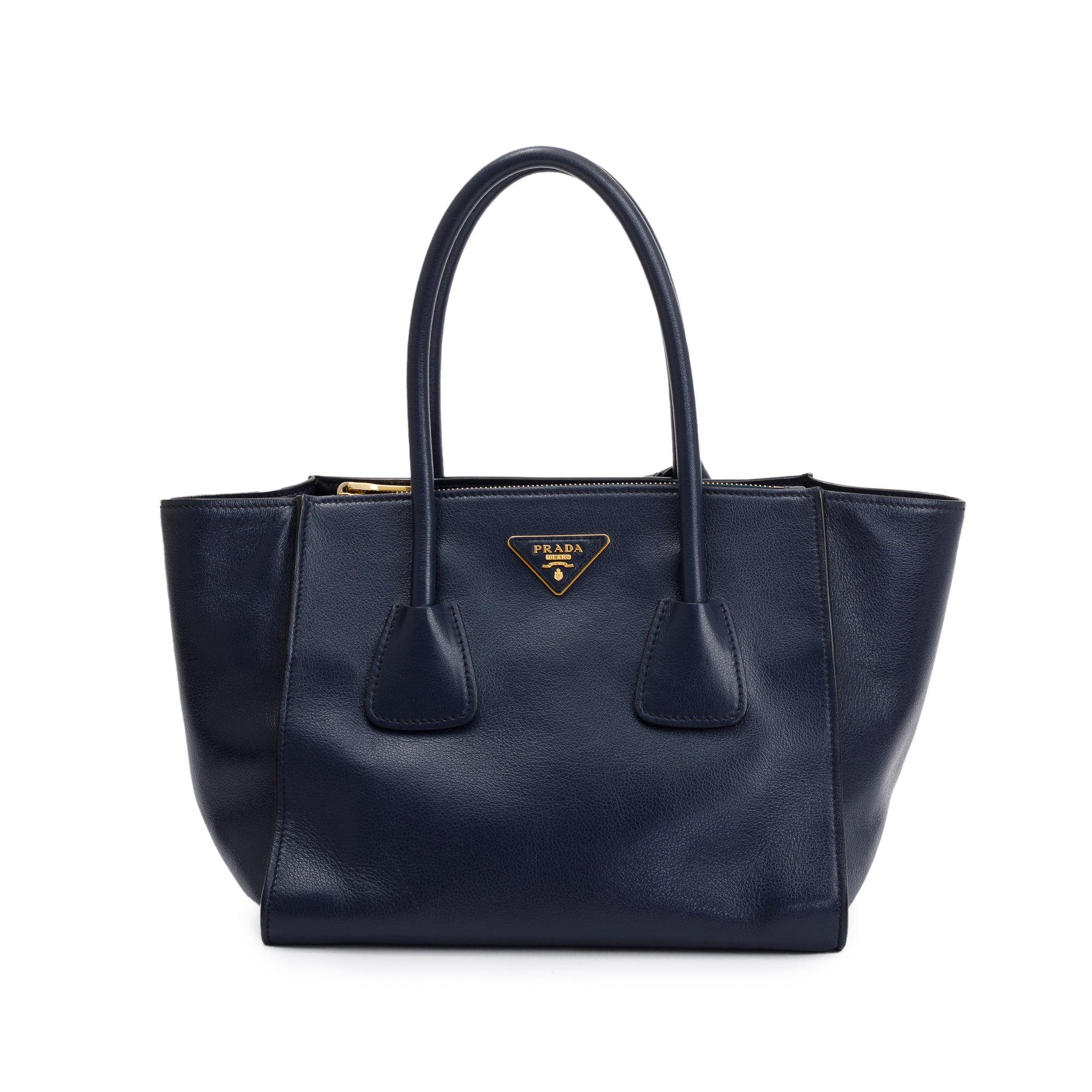 Prada Navy City Calf Small Twin Pocket Tote w/ Strap