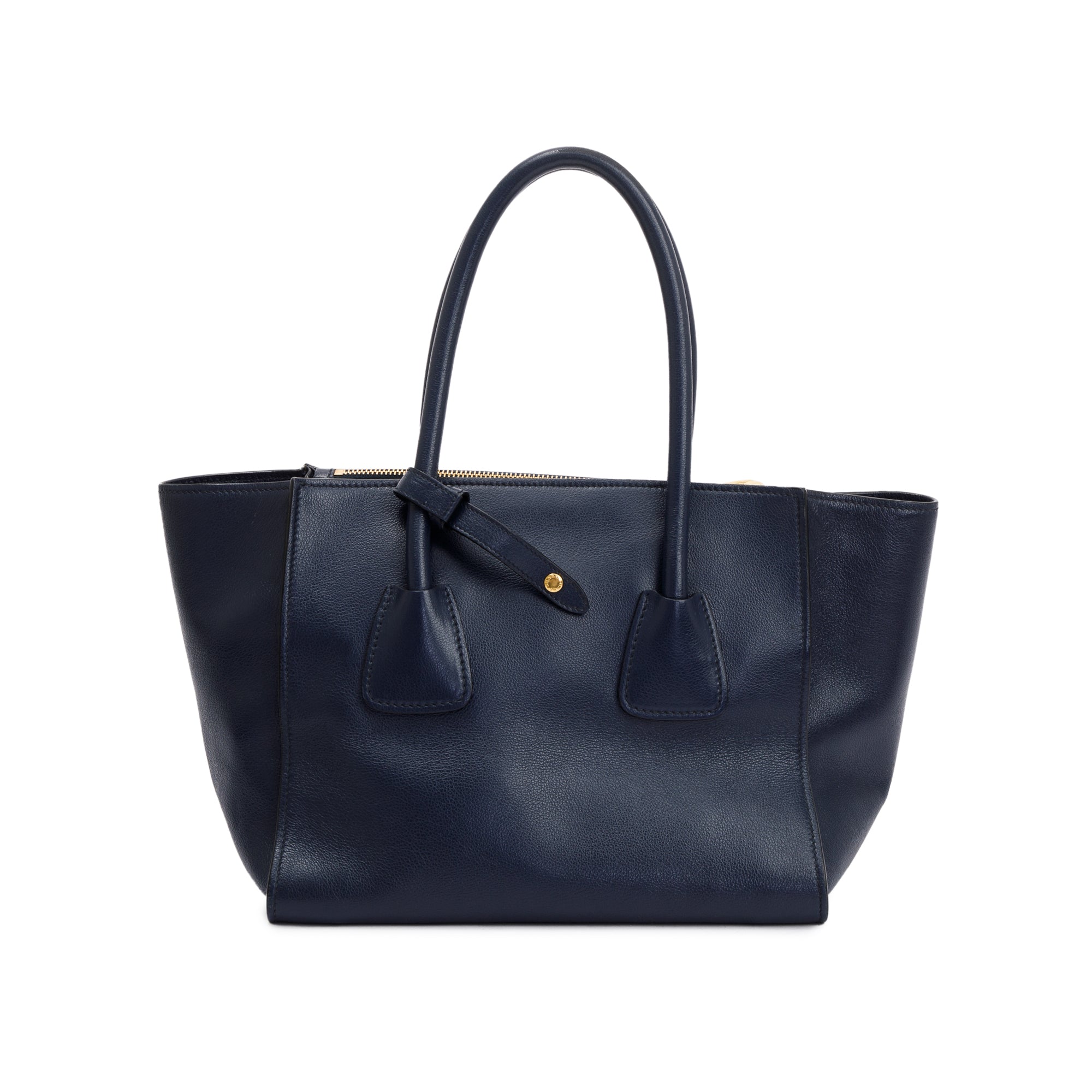 Prada Navy City Calf Small Twin Pocket Tote w/ Strap