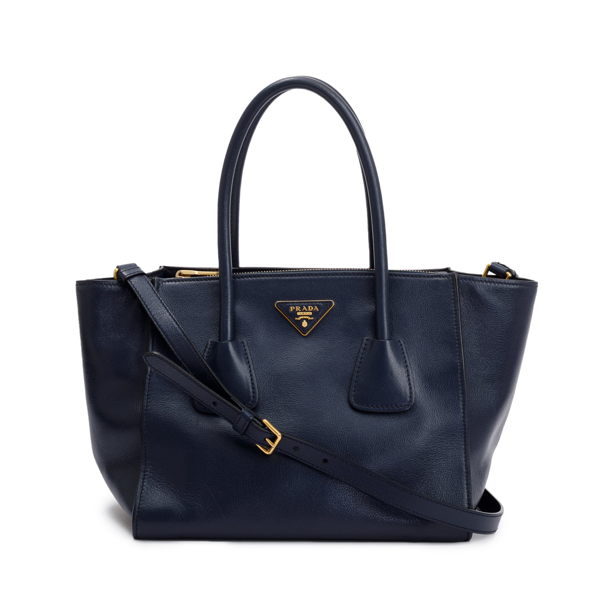 Prada Navy City Calf Small Twin Pocket Tote w/ Strap