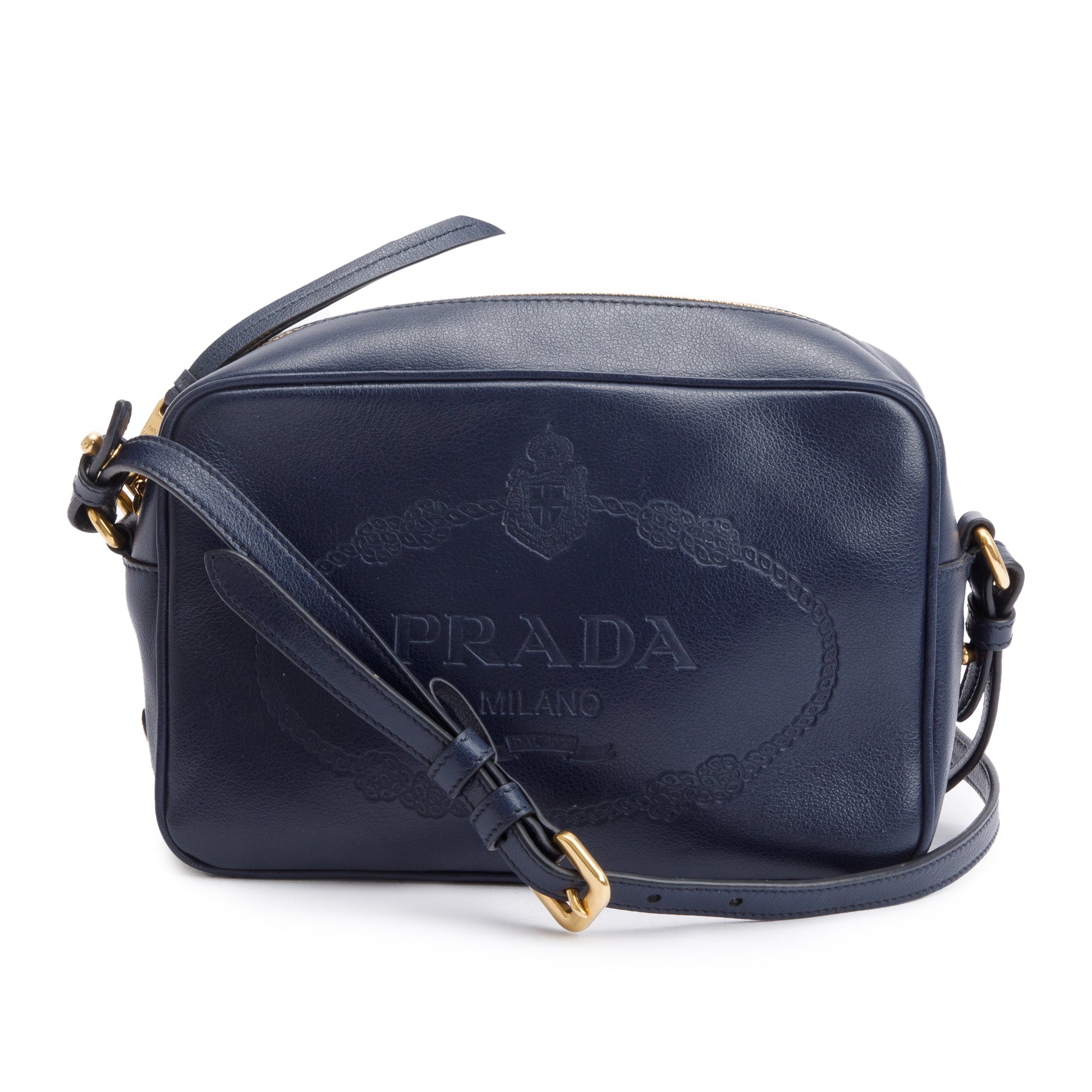 Prada Navy Glace Calf Leather Logo Camera Crossbody Bag w/ Authenticity Card