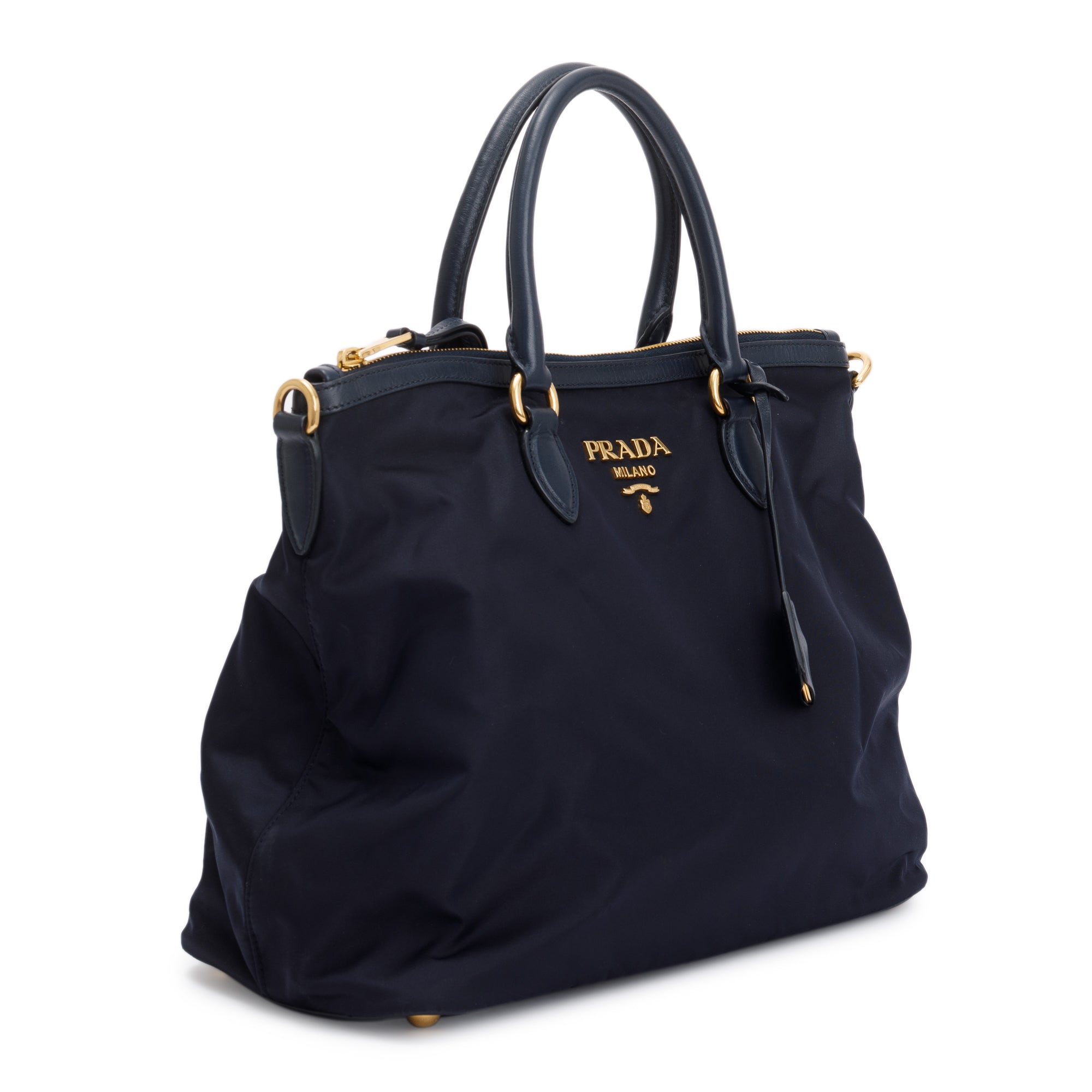 Prada Navy Leather Trimmed Tessuto Nylon Tote w/ Strap