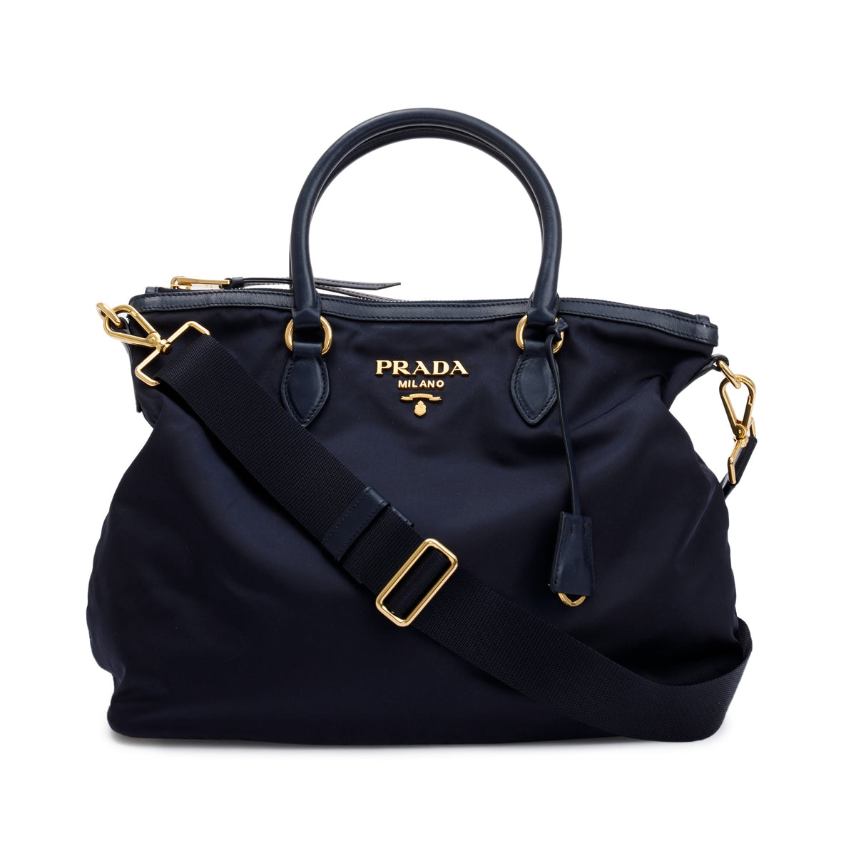 バッグ PRADA Tessuto Nylon & Leather Tote Bag Prada-Navy-Leather-Trimmed-