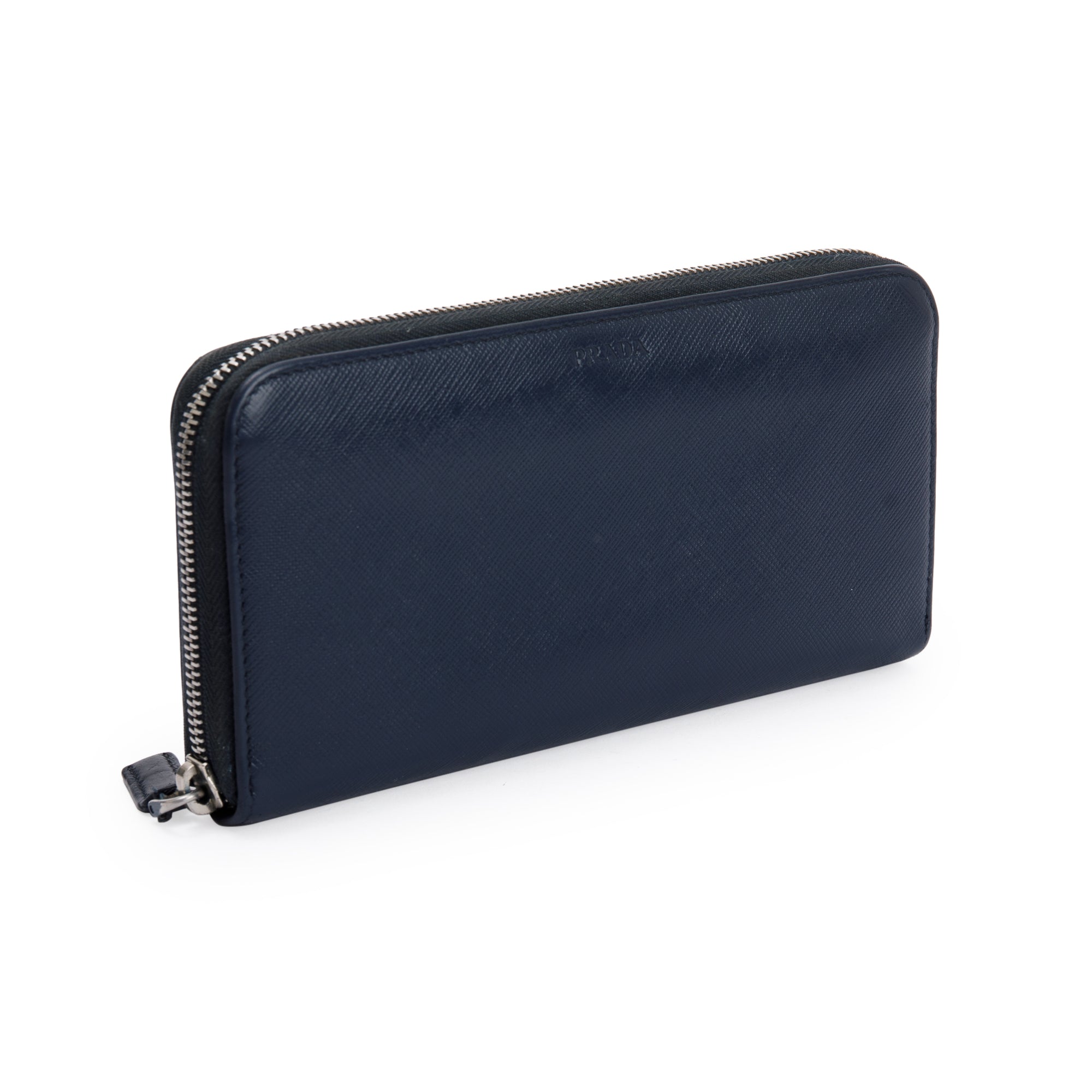 Prada Navy Saffiano Leather Zip Around Wallet