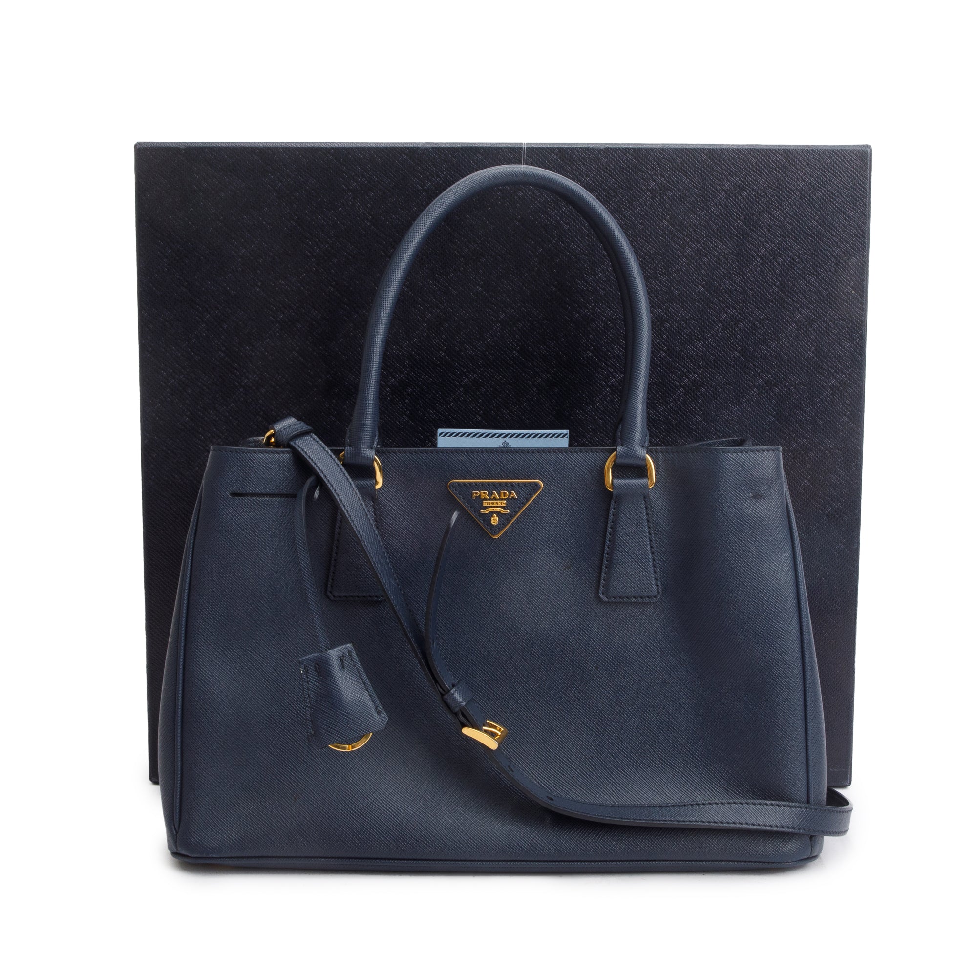 Prada Navy Saffiano Lux Medium Galleria Tote w/ Strap, Box & Authenticity Card