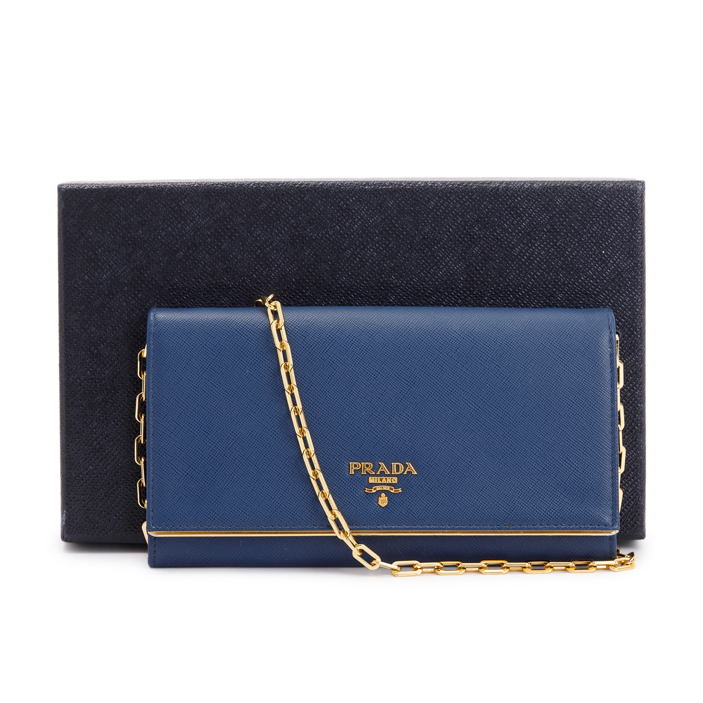 Prada Navy Saffiano Metal Wallet on Chain w/ Box & Authenticity Card