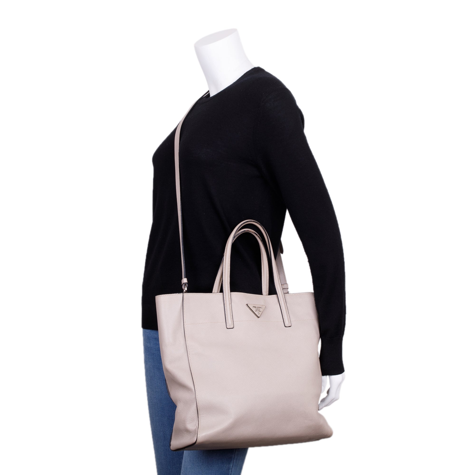 Prada Neutral Saffiano Soft Leather Tote w/ Strap
