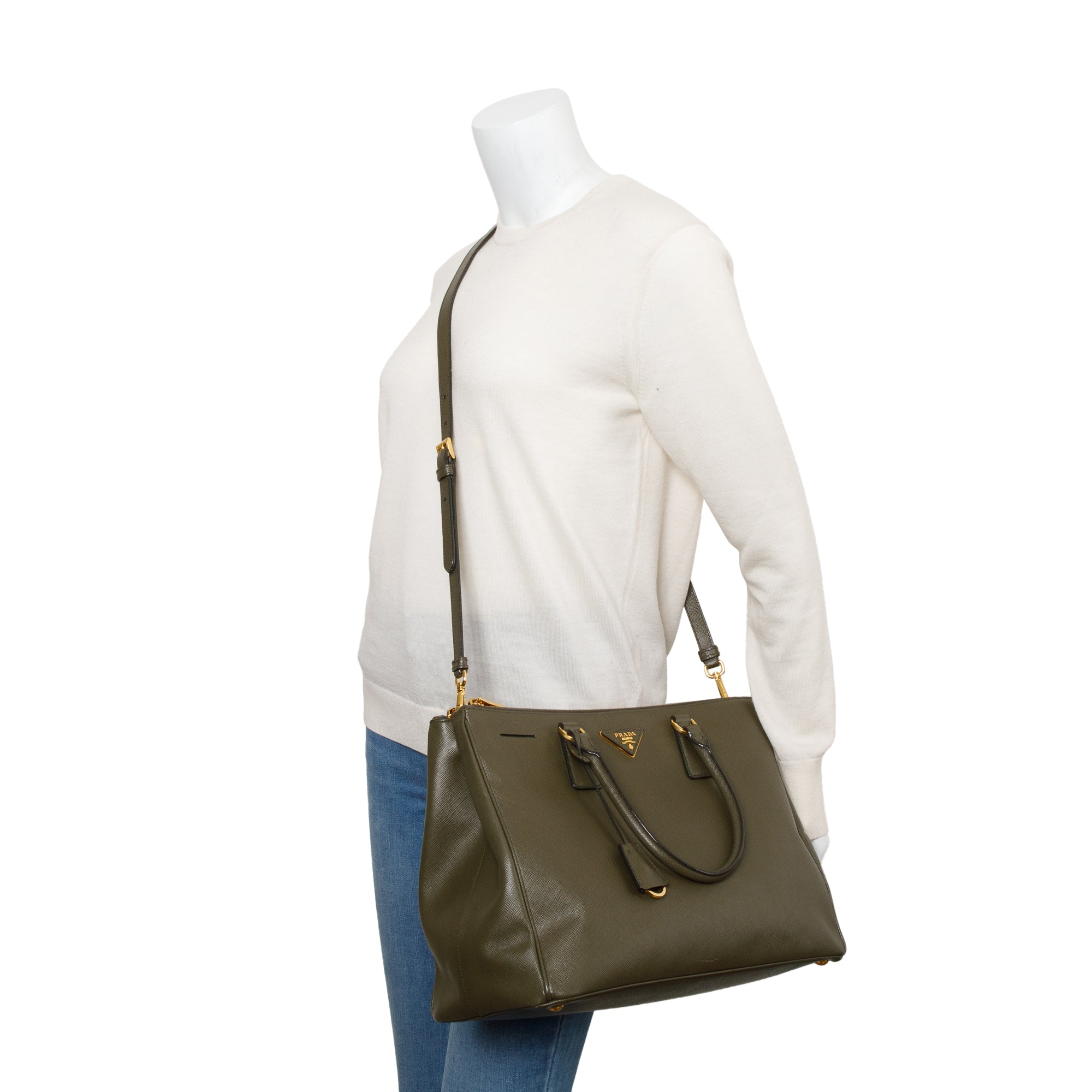 Prada Olive Green Saffiano Lux Large Double Zip Galleria Tote w/ Strap