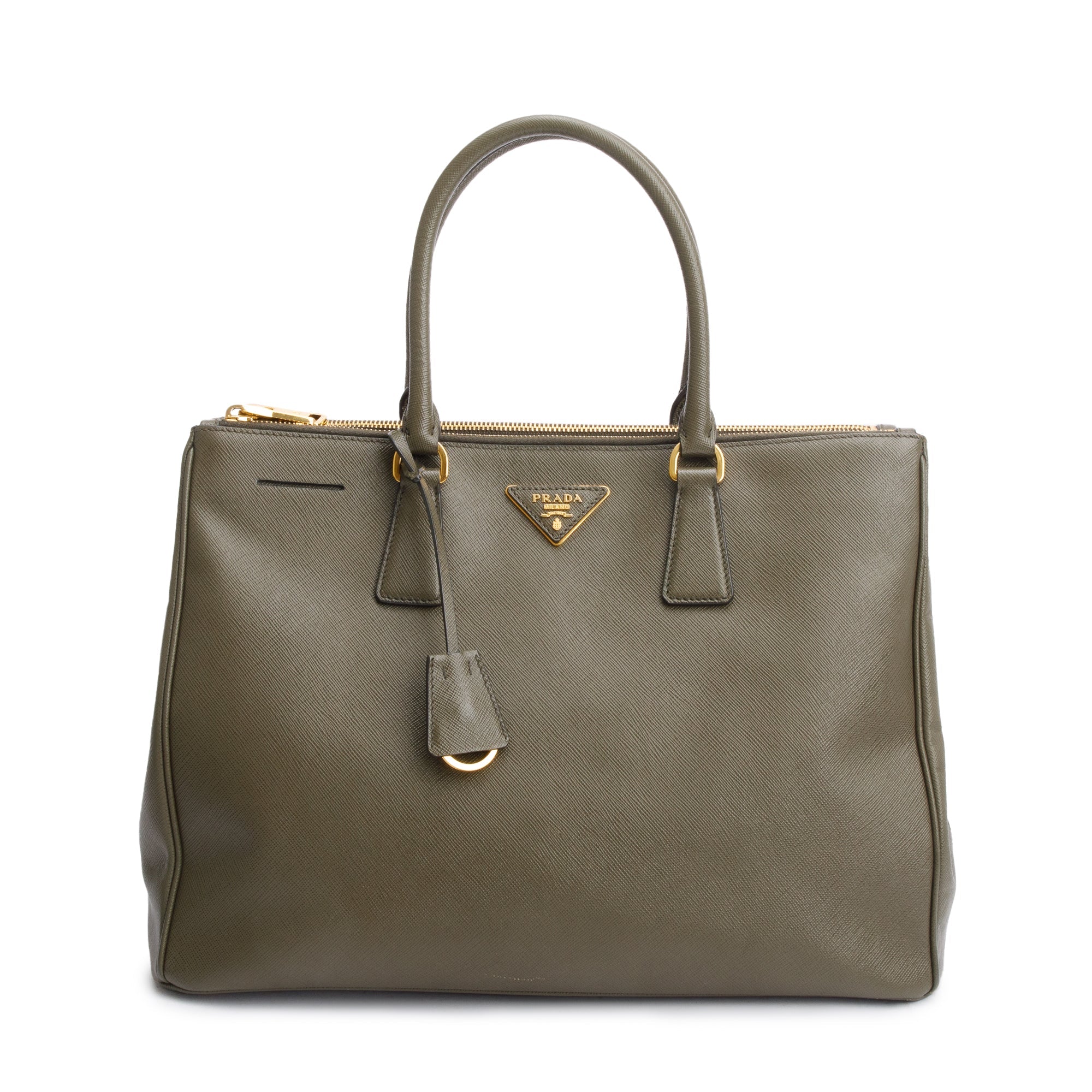 Prada Olive Green Saffiano Lux Large Double Zip Galleria Tote w/ Strap