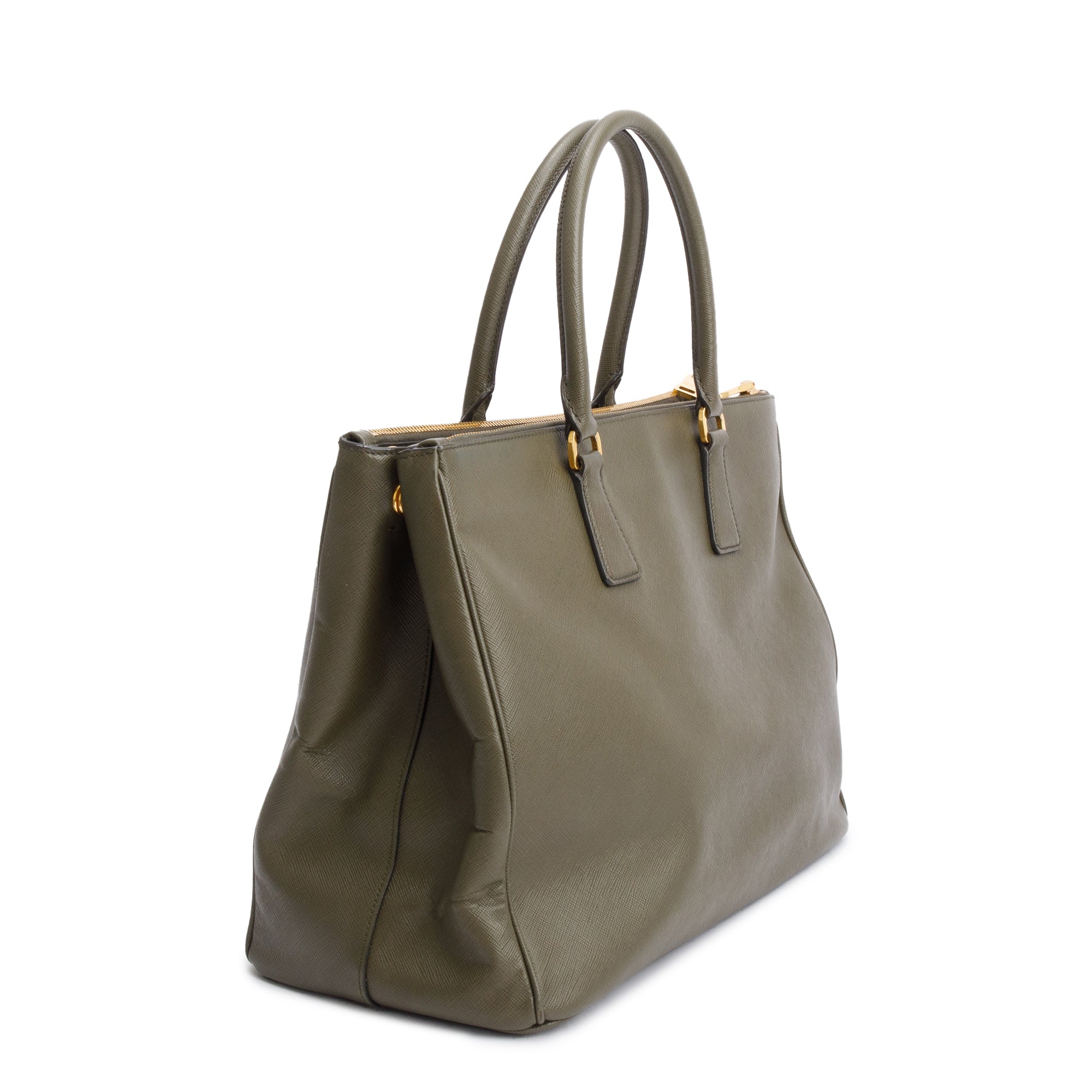 Prada Olive Green Saffiano Lux Large Double Zip Galleria Tote w/ Strap