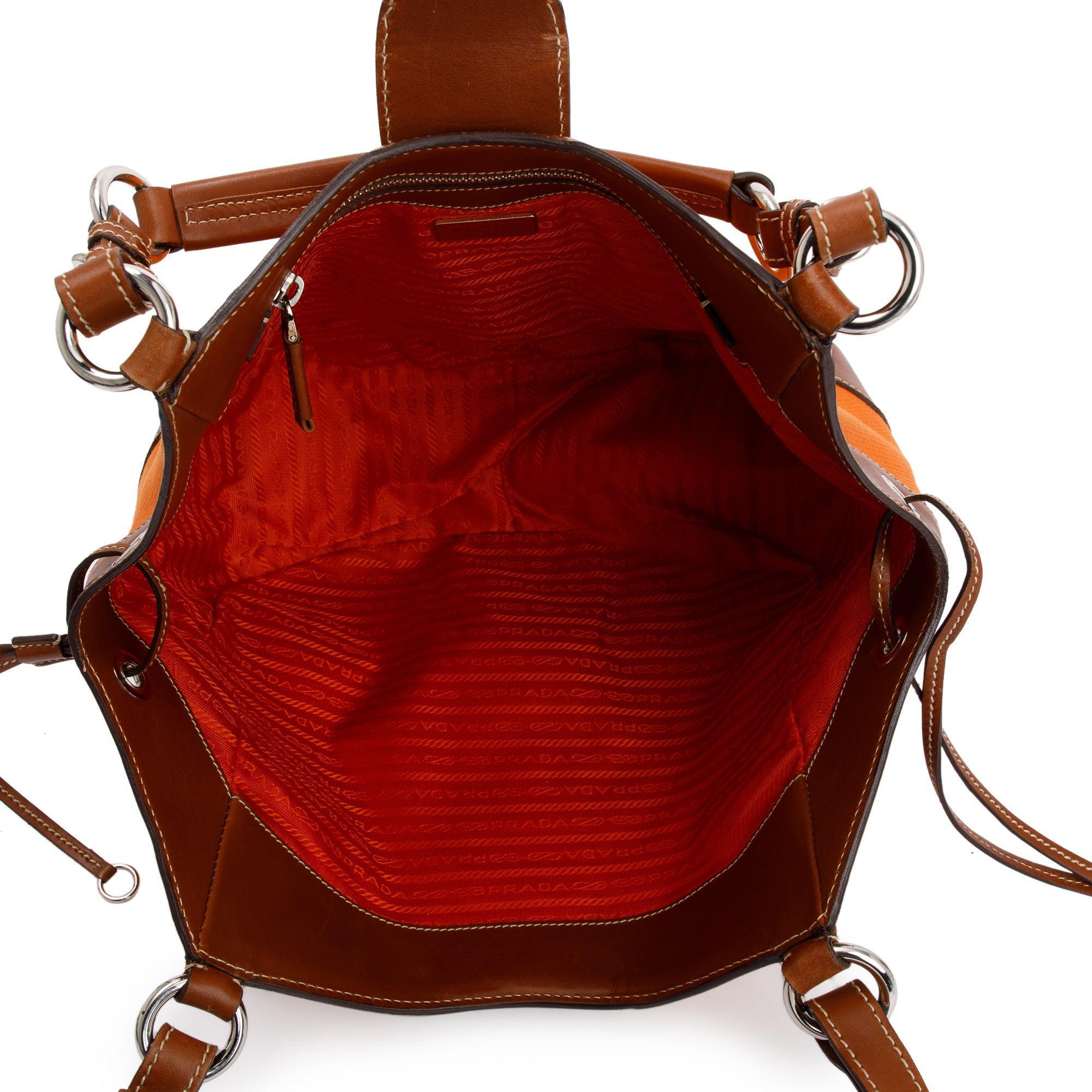 Prada Orange Canapa Vitello Leather Darwstring Hobo w/ Authenticity Card