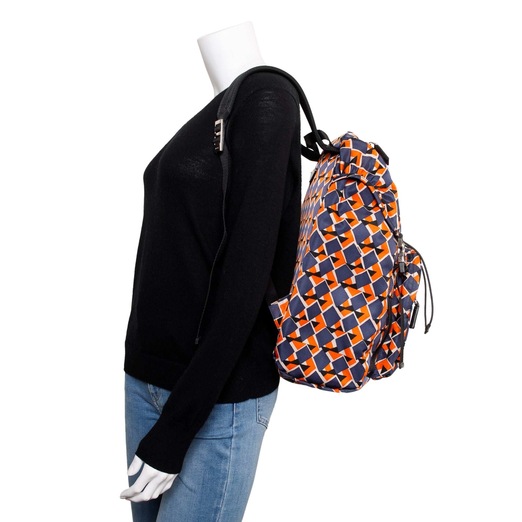 Prada Orange/Navy Tessuto Stampato Double Buckle Backpack w/ Authenticity Card