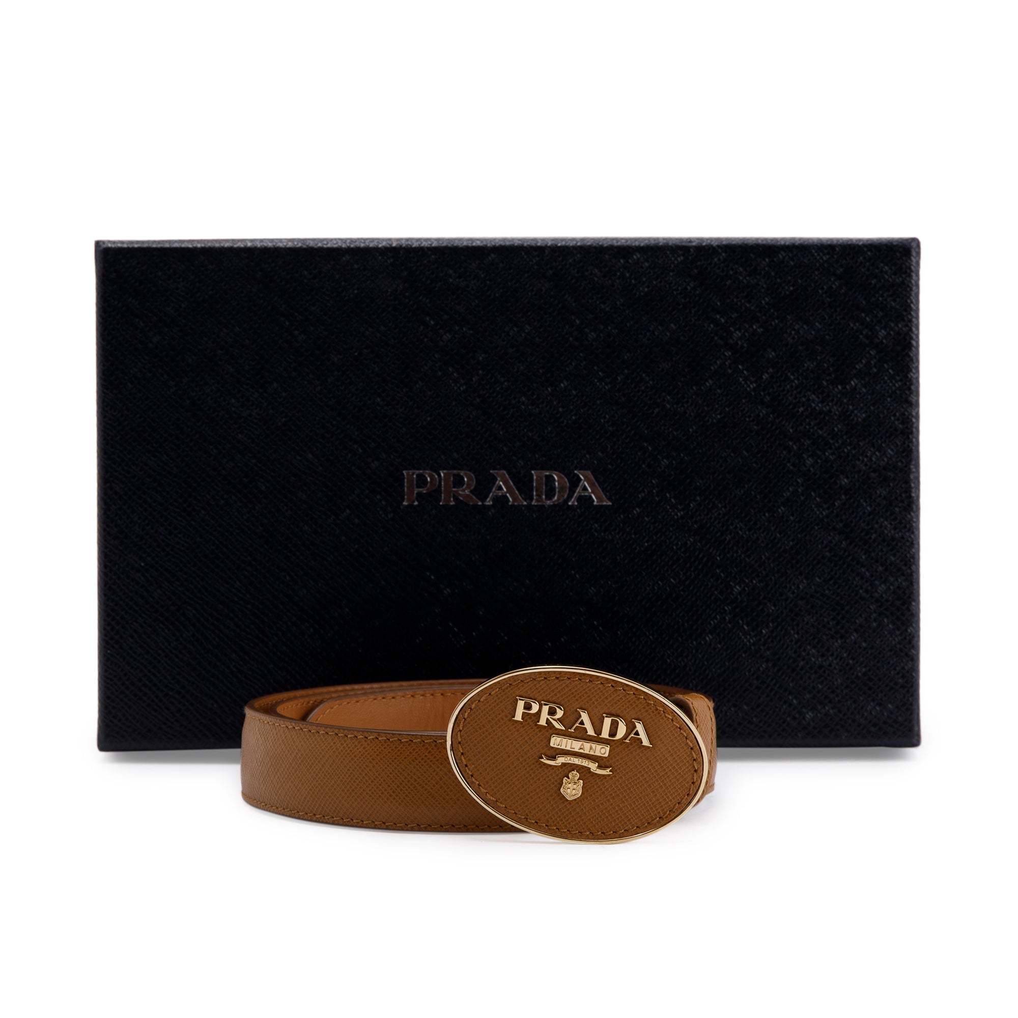 Prada Oval Savoia Logo Buckle Saffiano Leather Belt w/ Box