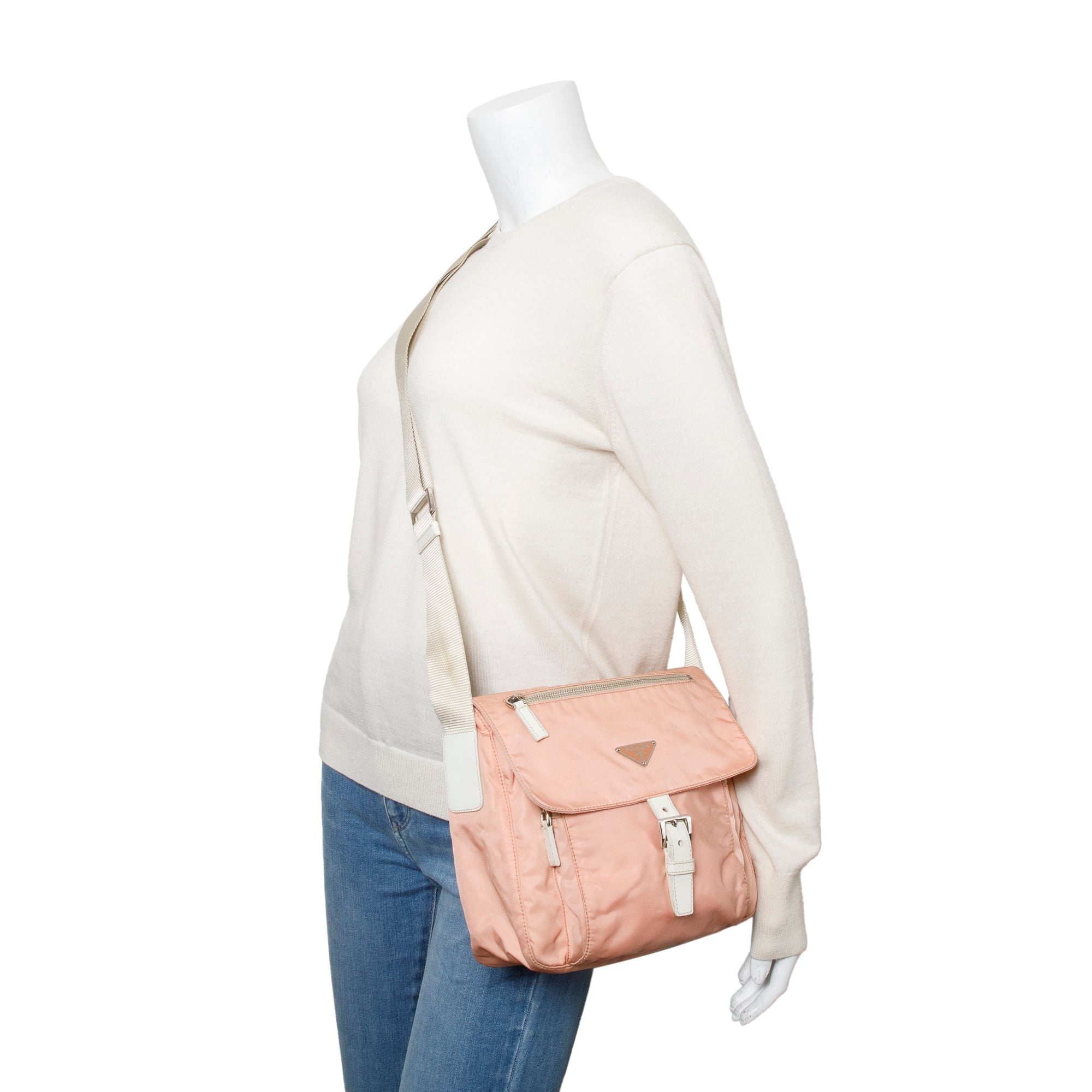 Prada Peach Tessuto Nylon White Leather Trimmed Vela Messenger Bag