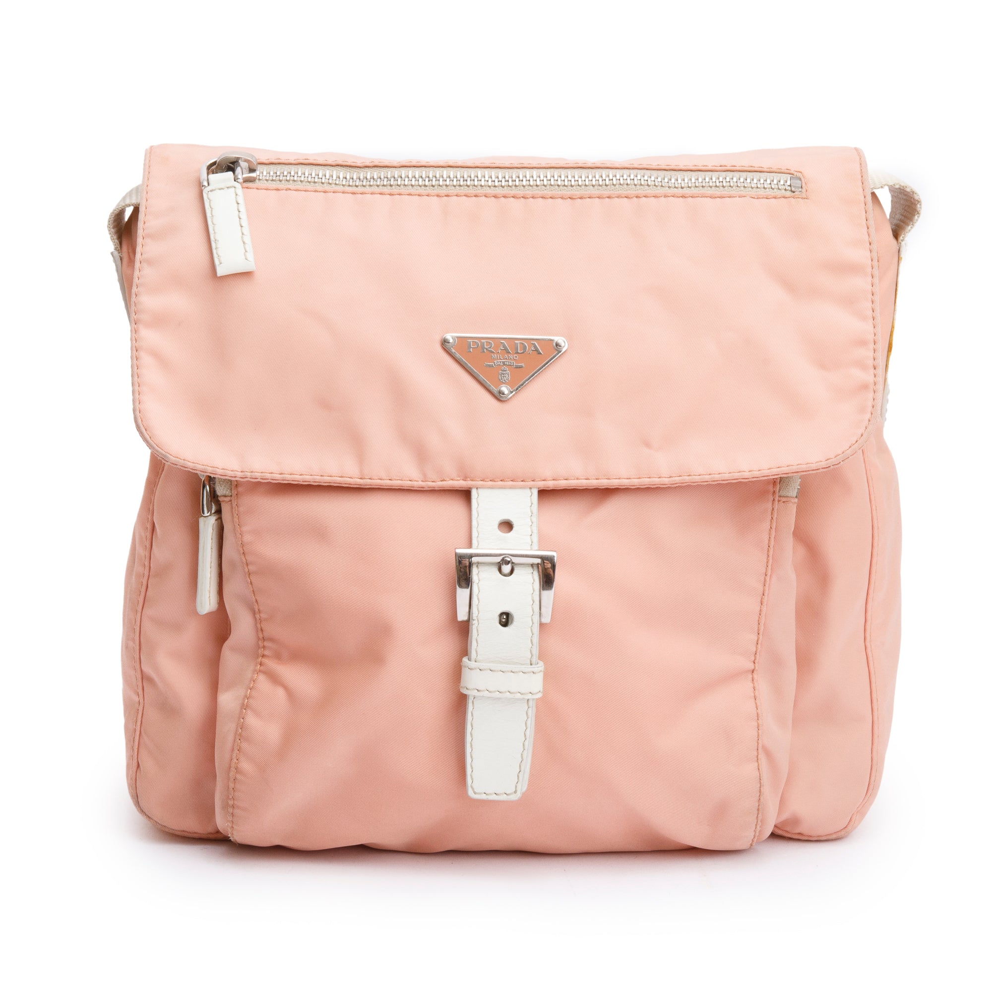 Prada Peach Tessuto Nylon White Leather Trimmed Vela Messenger Bag