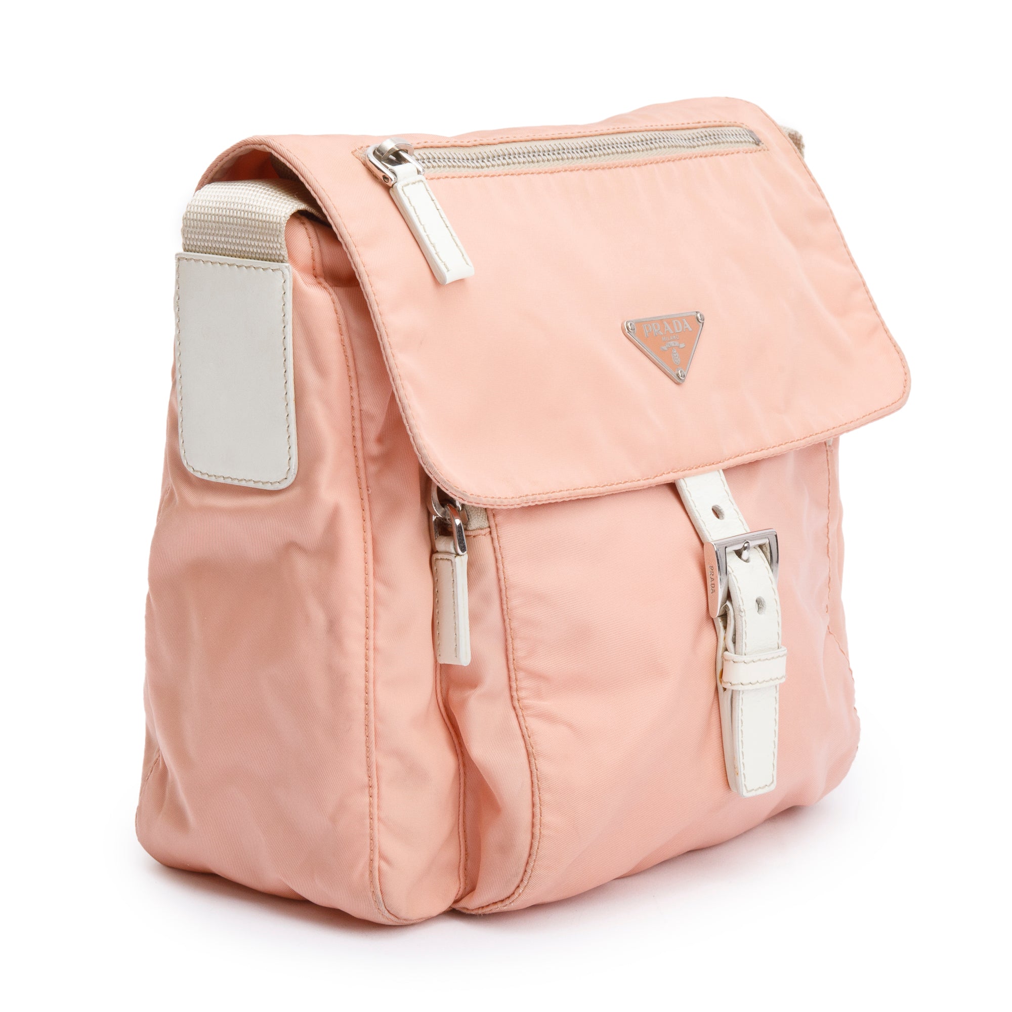 Prada Peach Tessuto Nylon White Leather Trimmed Vela Messenger Bag