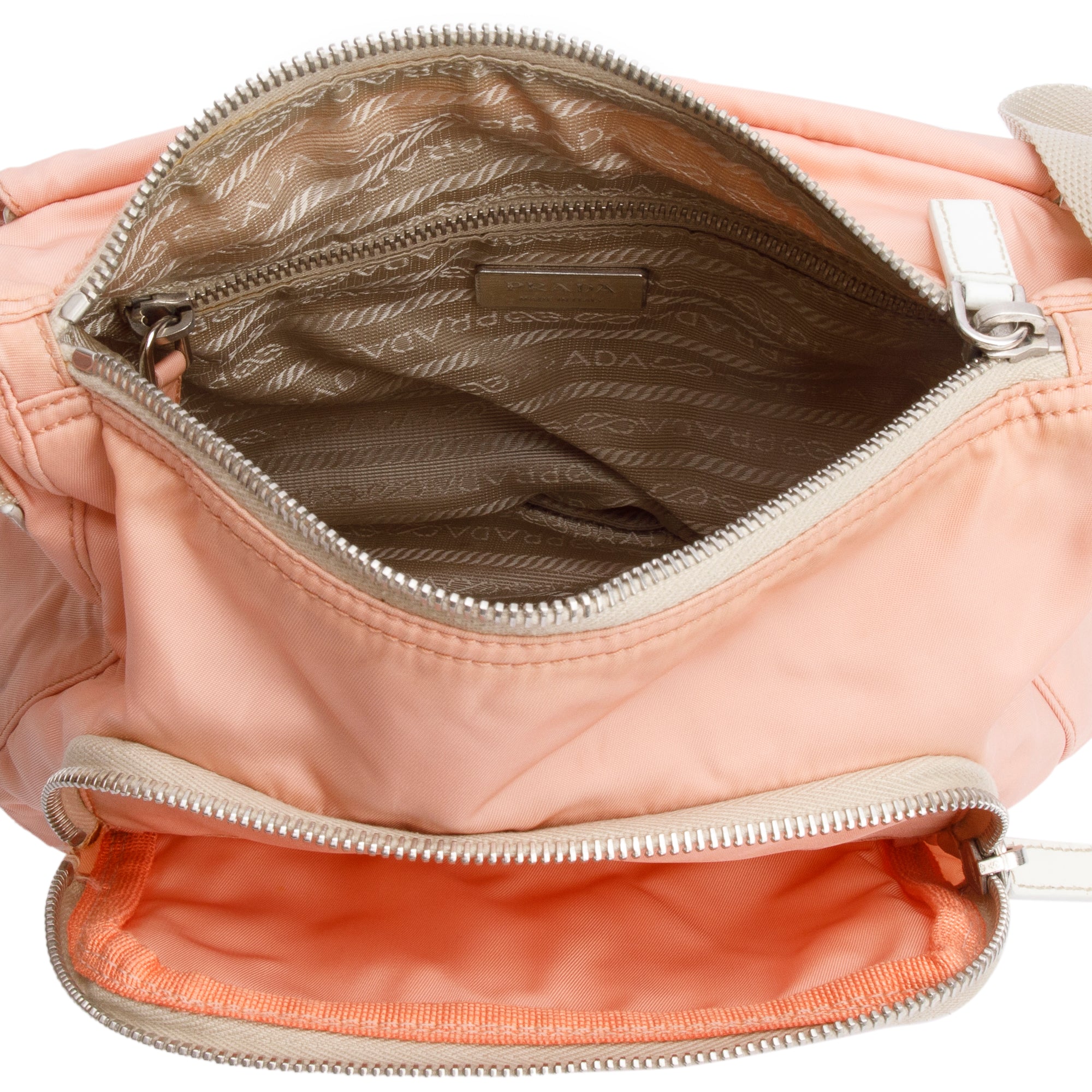 Prada Peach Tessuto Nylon White Leather Trimmed Vela Messenger Bag