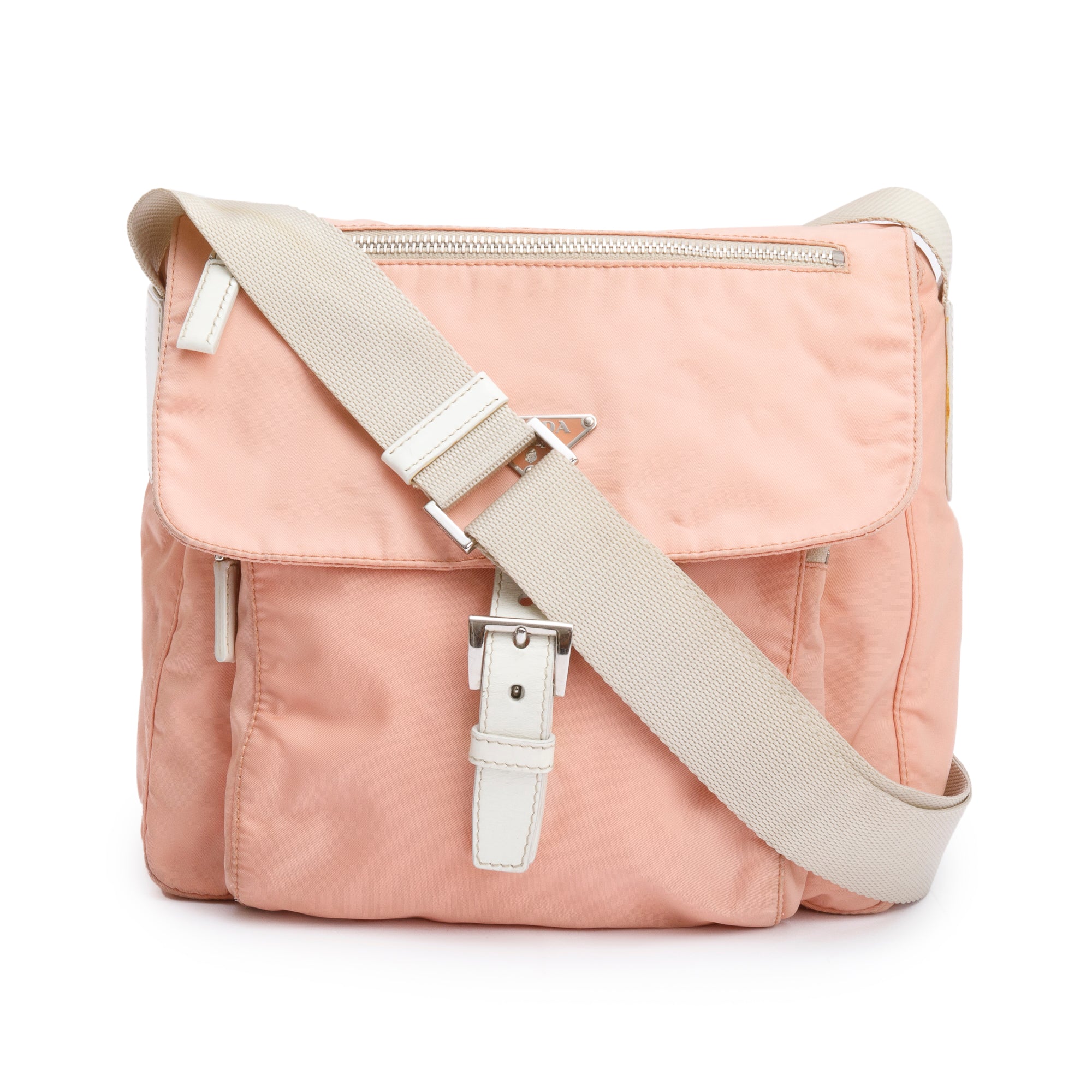 Prada Peach Tessuto Nylon White Leather Trimmed Vela Messenger Bag