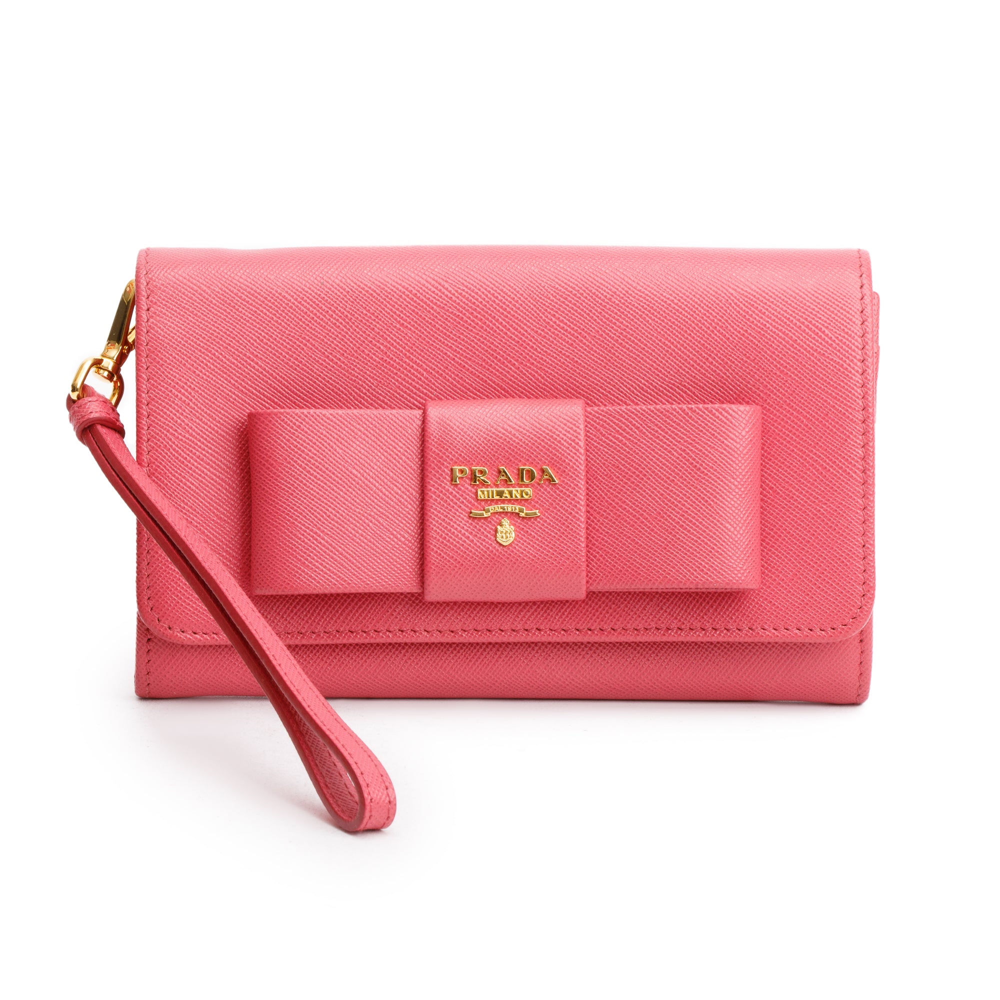 Prada Pink Saffiano Leather Bow Wristlet Wallet