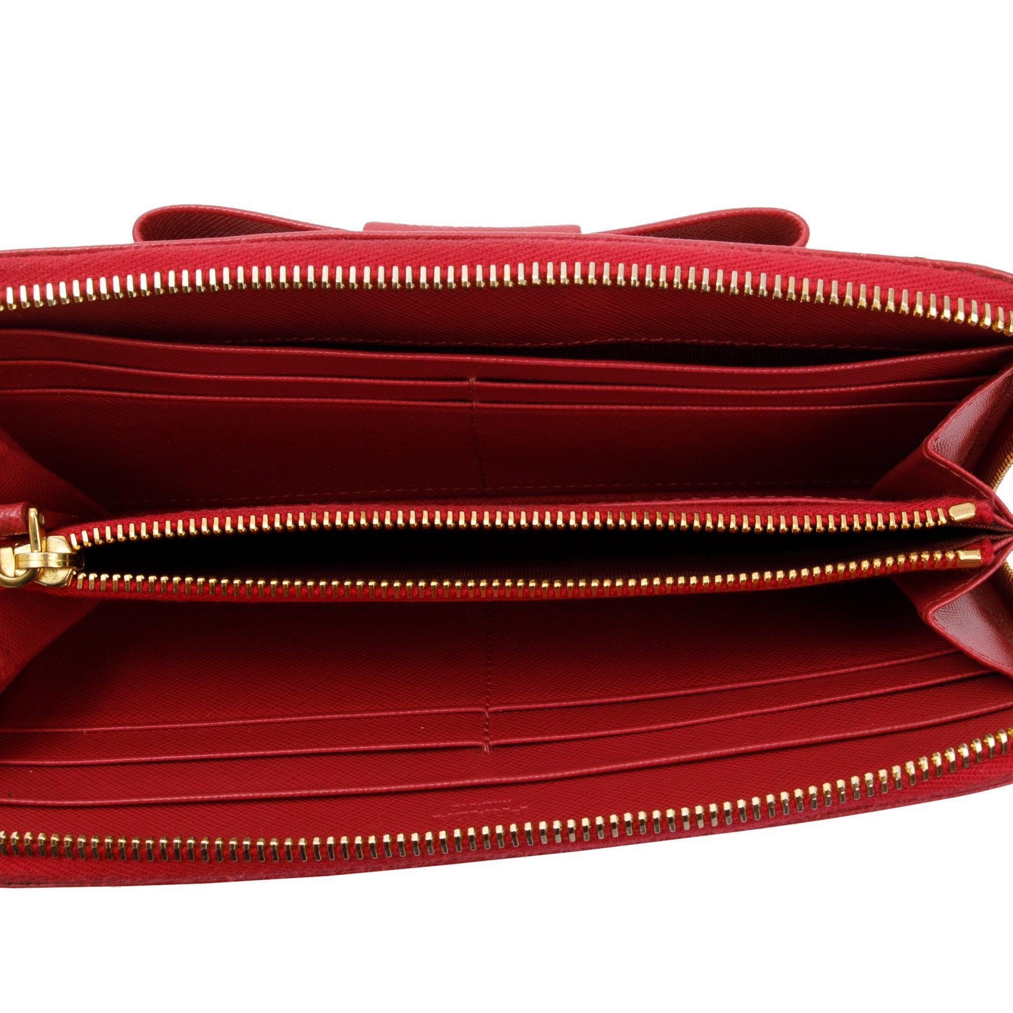 Prada Pink Saffiano Leather Bow Zip Around Wallet