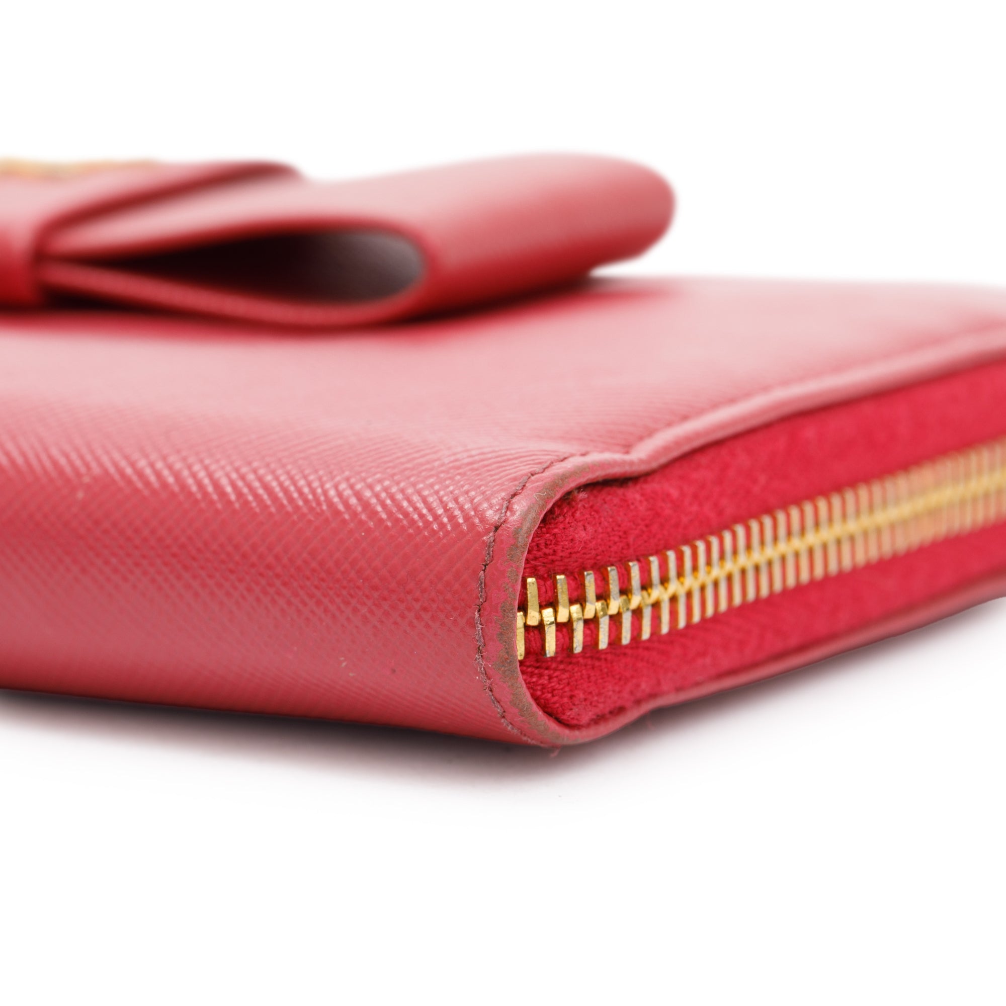 Prada Pink Saffiano Leather Bow Zip Around Wallet