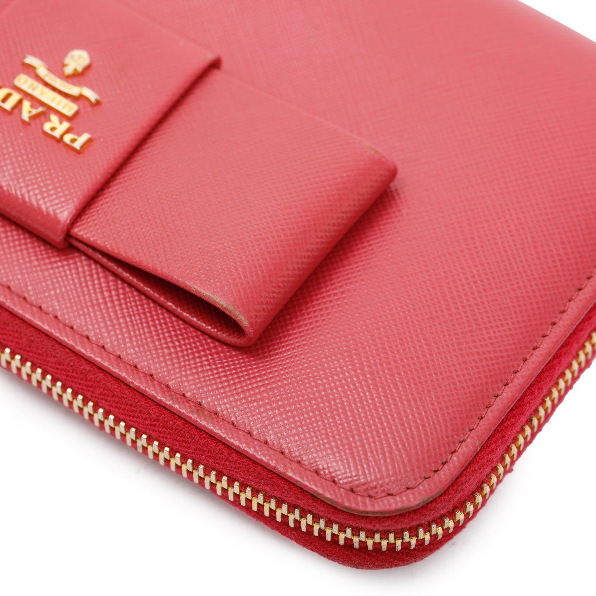 Prada Pink Saffiano Leather Bow Zip Around Wallet