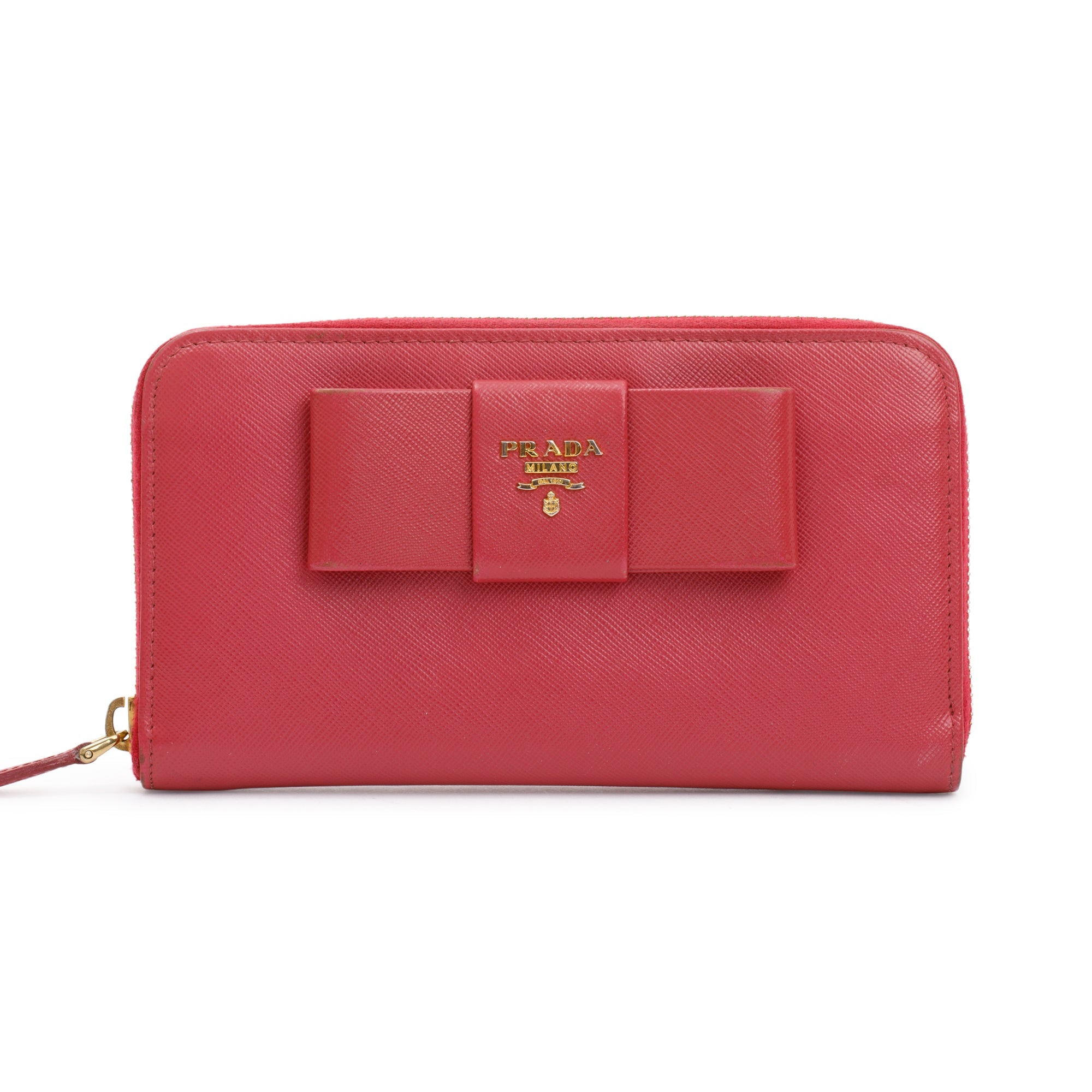 Prada Pink Saffiano Leather Bow Zip Around Wallet