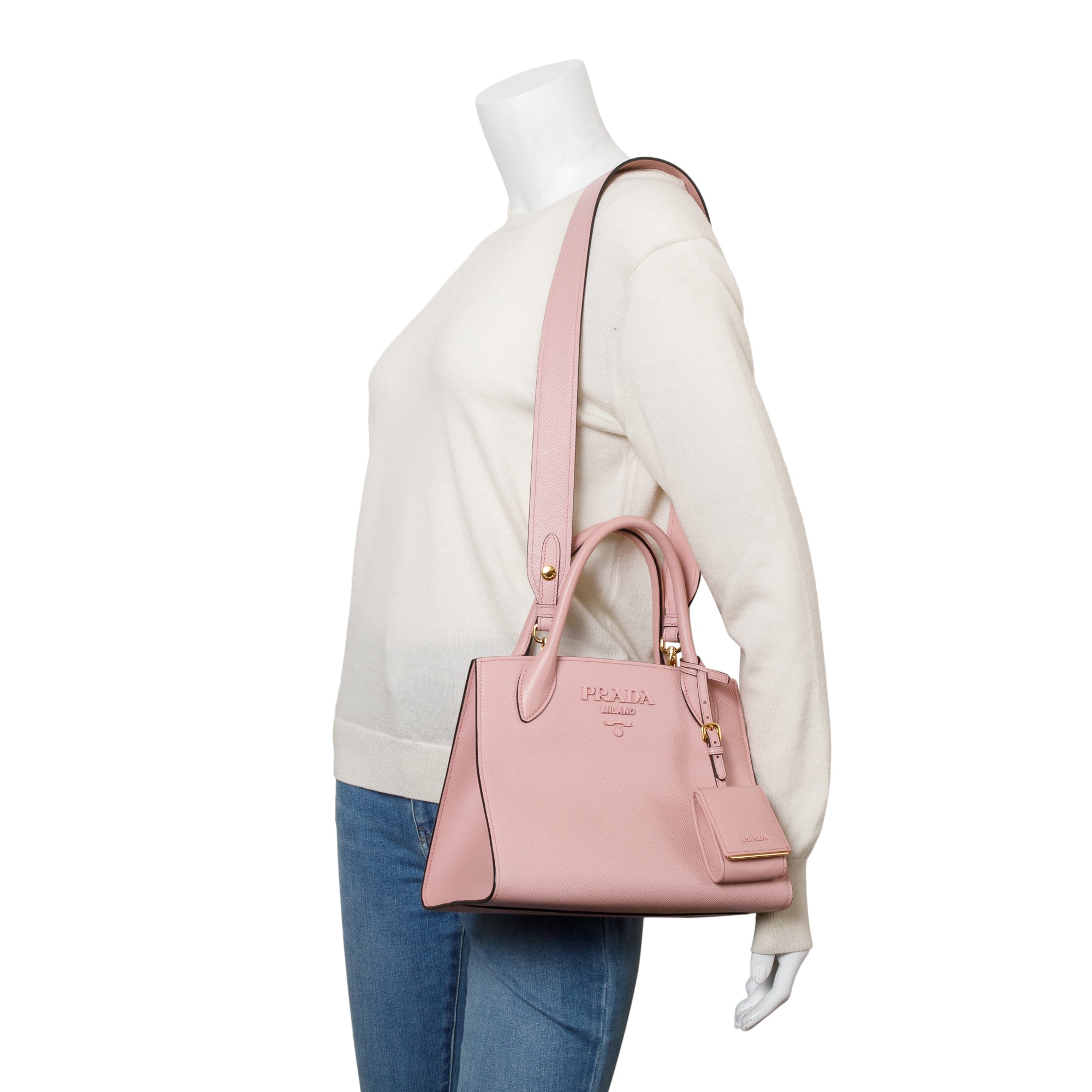 Prada Pink Saffiano Lux Small Monochrome Top Handle Tote w/ Strap