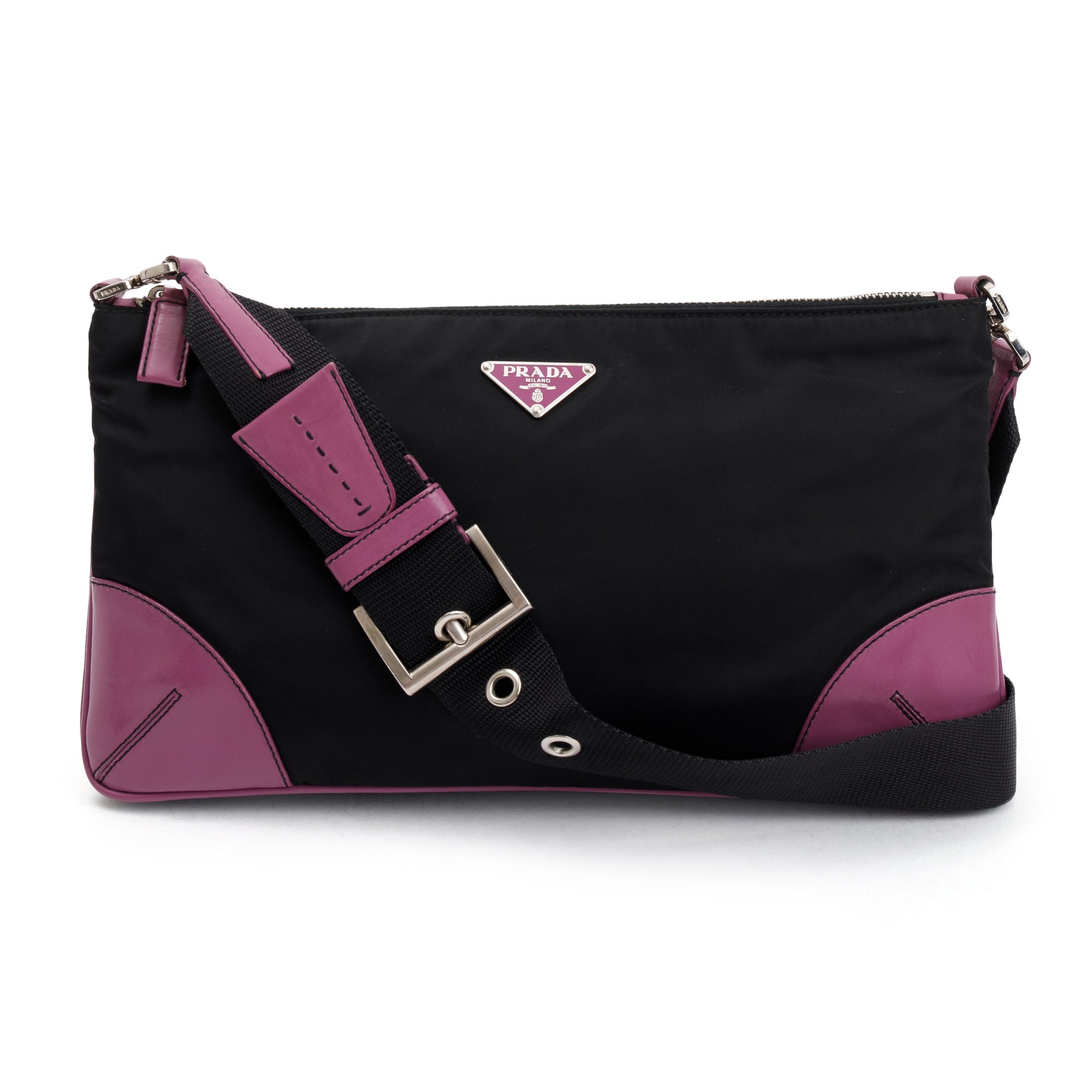 Prada Purple Leather-Trimmed Tessuto Nylon Shoulder Bag
