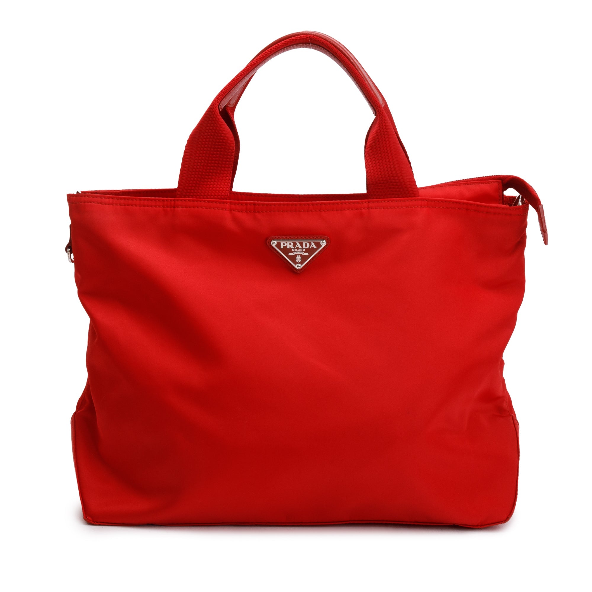 Prada Red Leather Trimmed Tessuto Nylon Convertible Tote w/ Strap