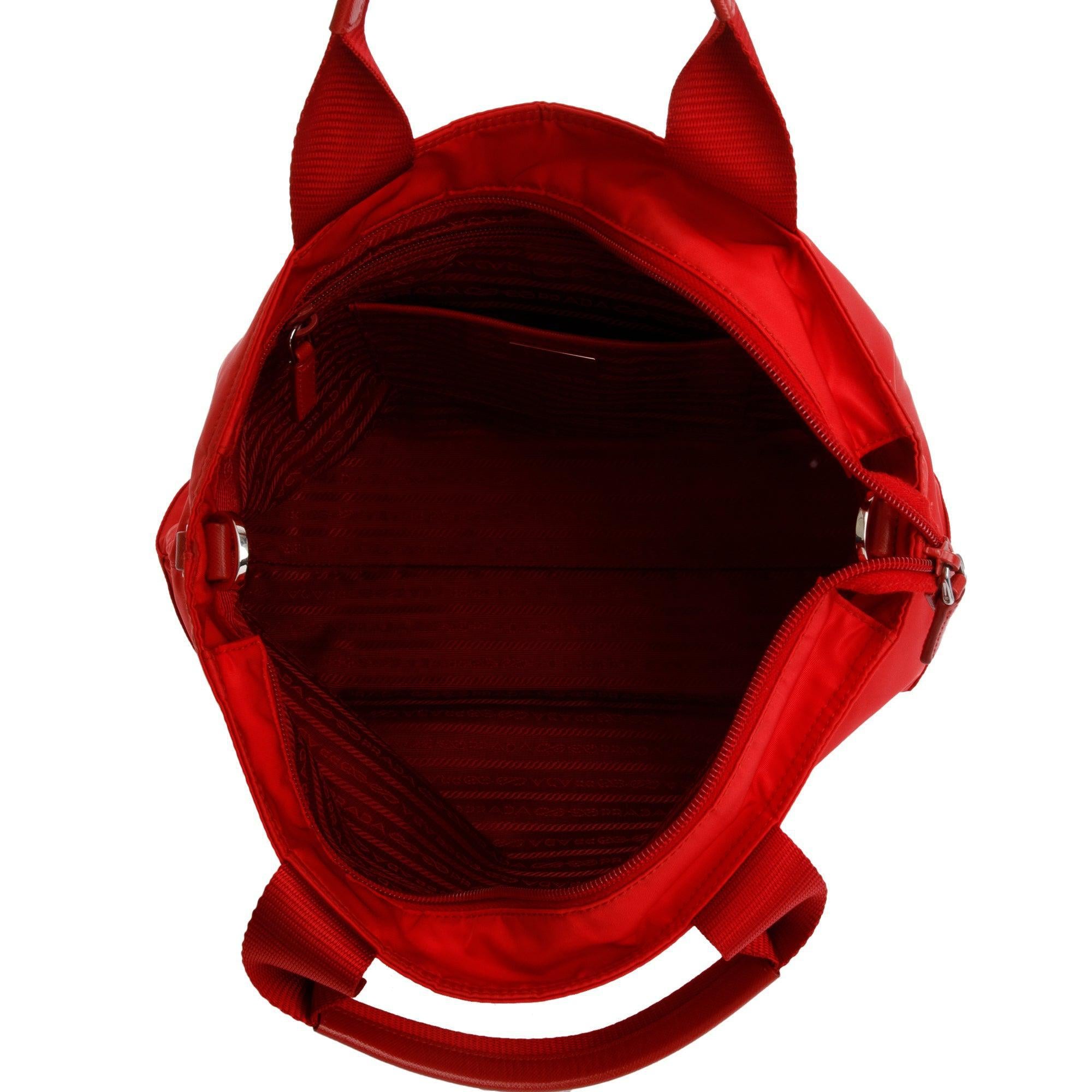 Prada Red Leather Trimmed Tessuto Nylon Convertible Tote w/ Strap