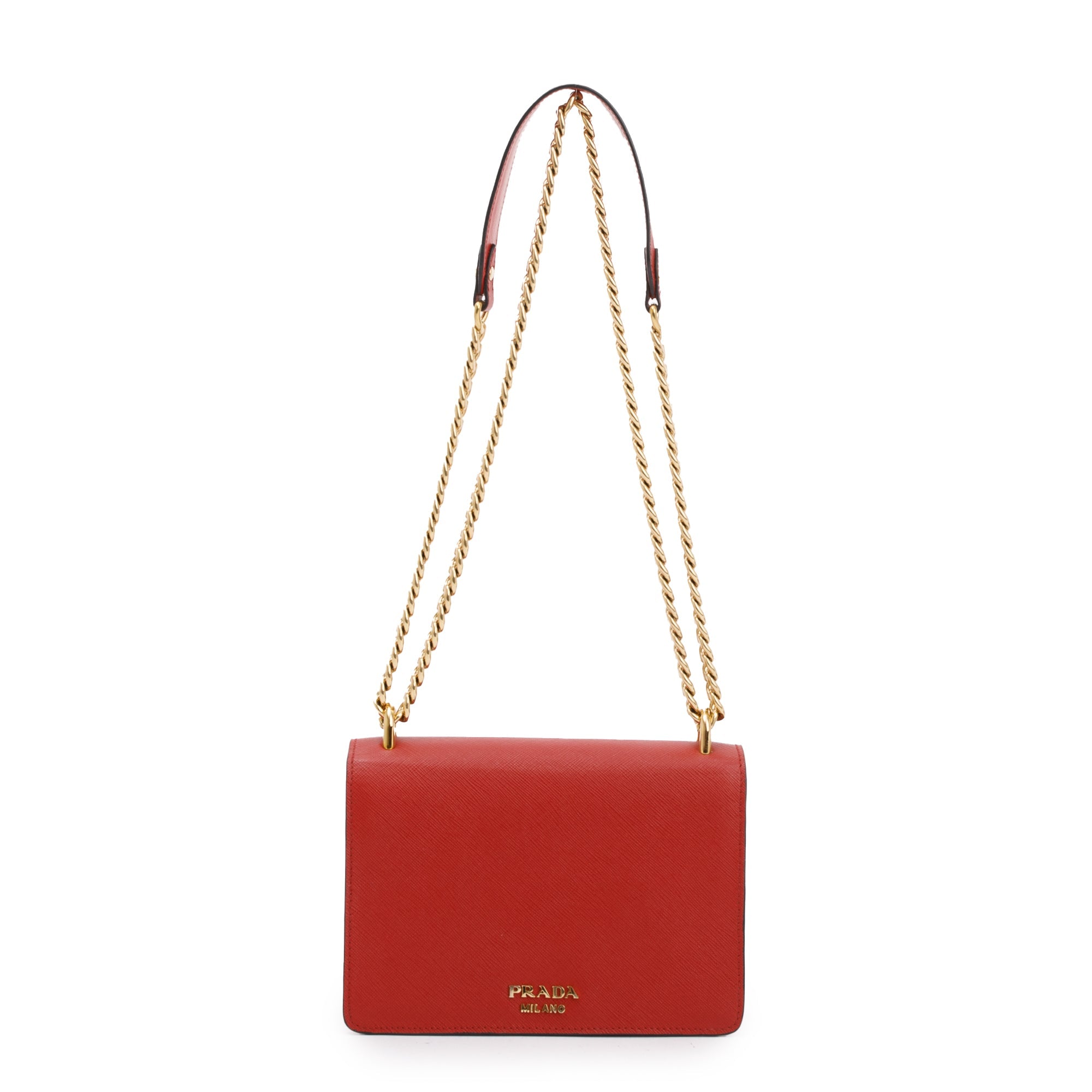 Prada Red Saffiano Soft Calf Leather Flop Lock Chain Crossbody Bag