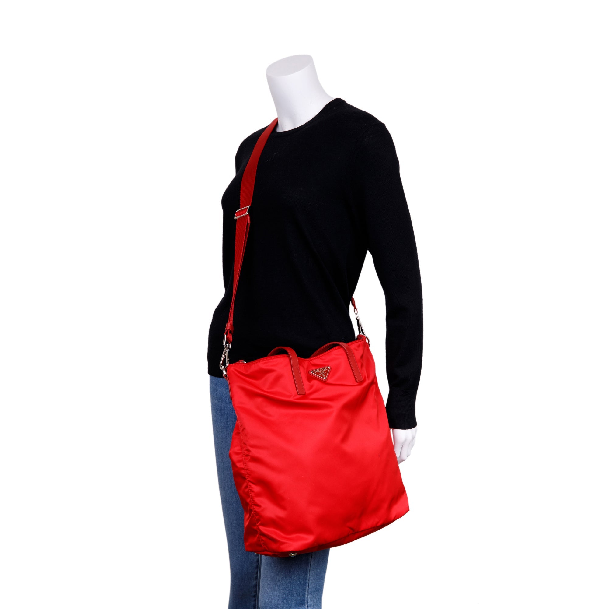 Prada Red Saffiano-Trimmed Vela Tote w/ Strap