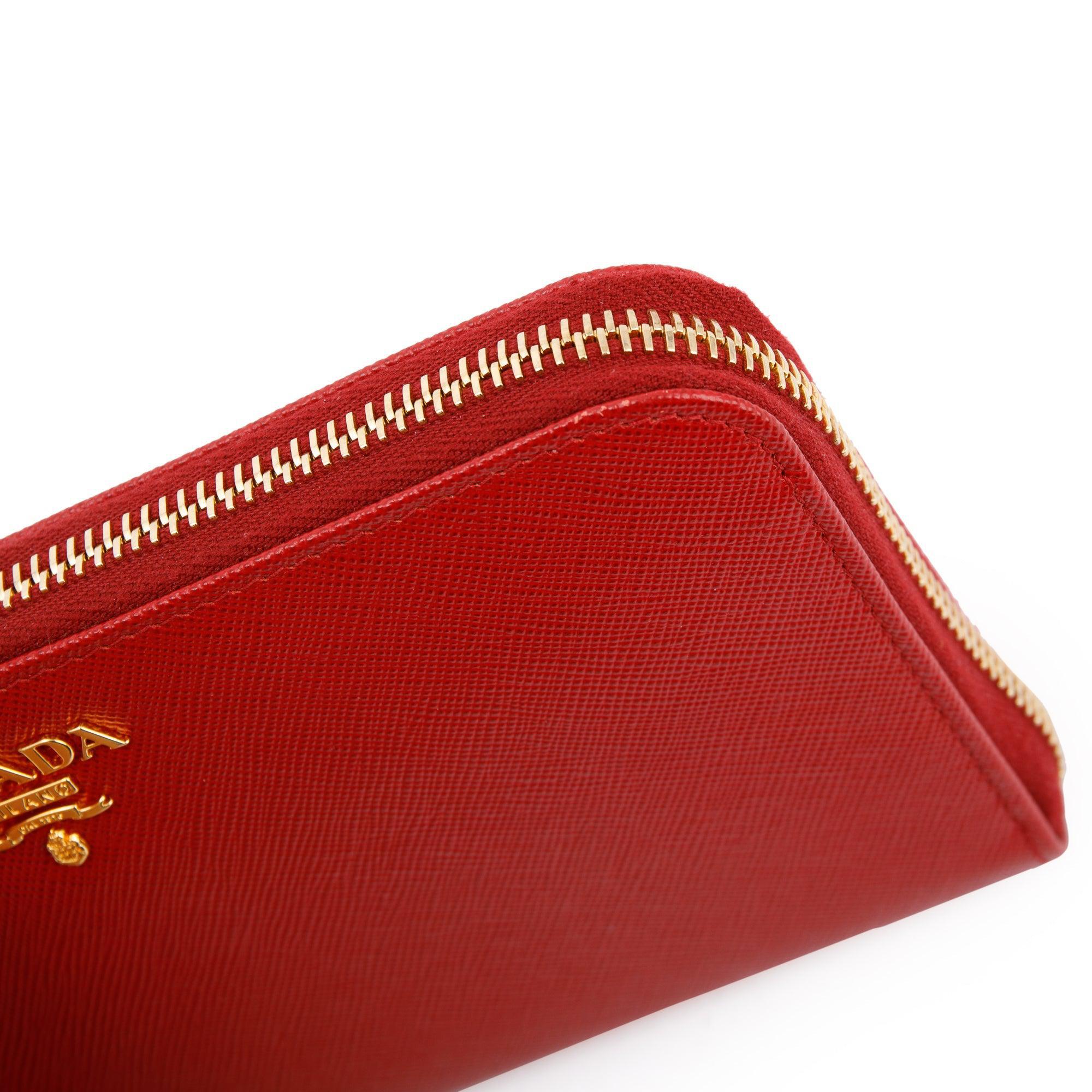 Prada Red Saffiano Zip Around Wallet w/ Box & Authenticity card