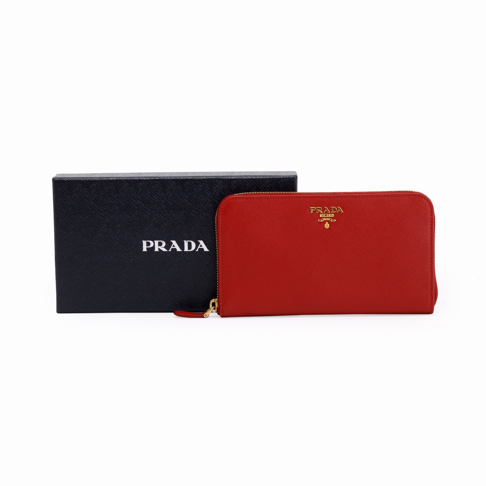 Prada Red Saffiano Zip Around Wallet w/ Box & Authenticity card